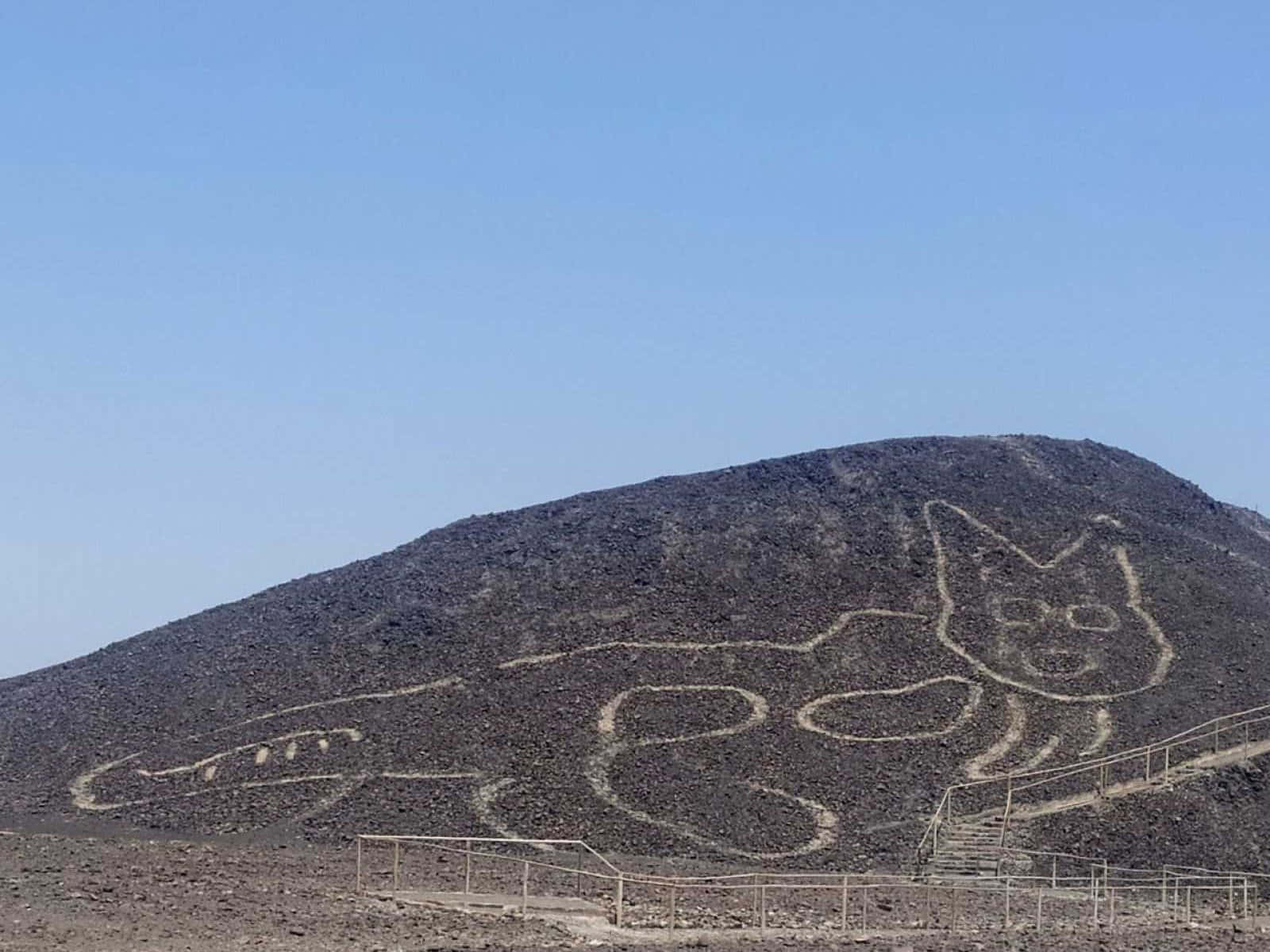 The Nazca Lines, giant cat geoglyph, dark volcanic hill, HD Desktop Wallpaper