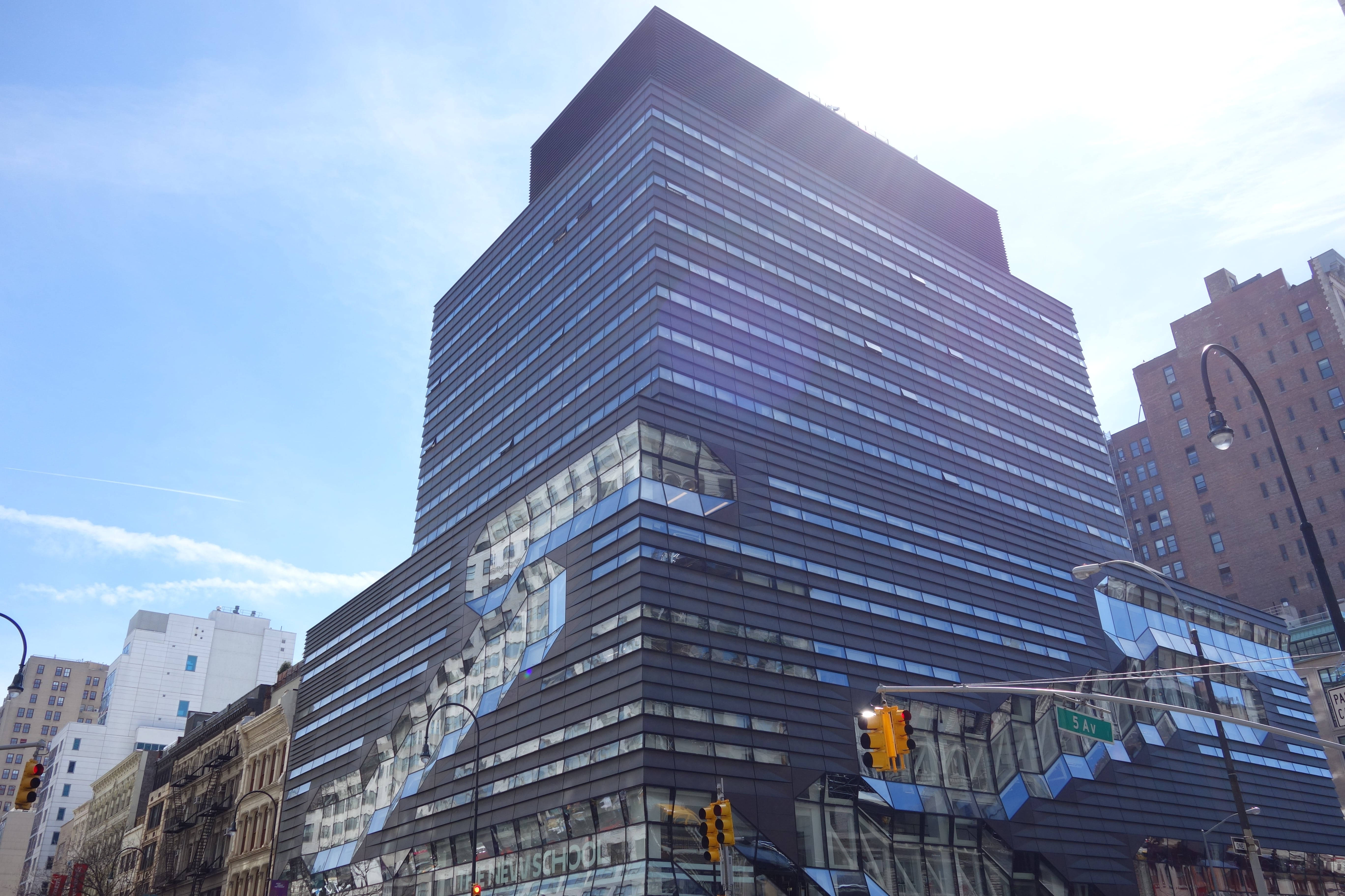 The New School, glass skyscraper, geometric facade, 5K Desktop Wallpaper