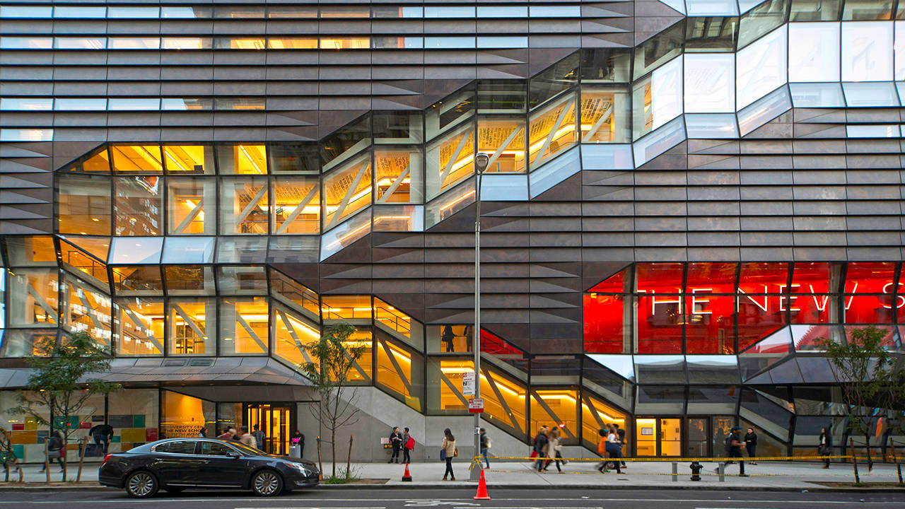 The New School, asymmetic staircase, glass and steel building, HD Desktop Wallpaper