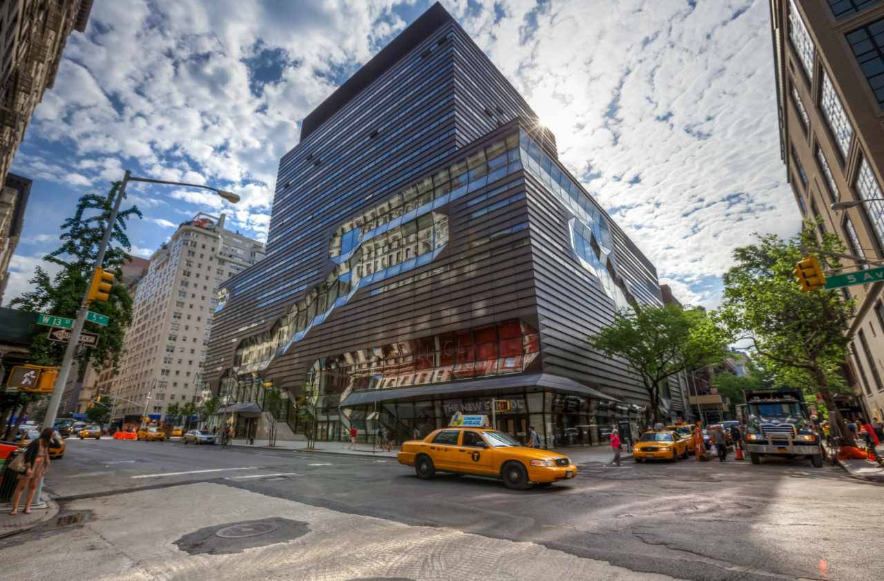 The New School, glass skyscraper, bustling city street, HD Desktop Wallpaper