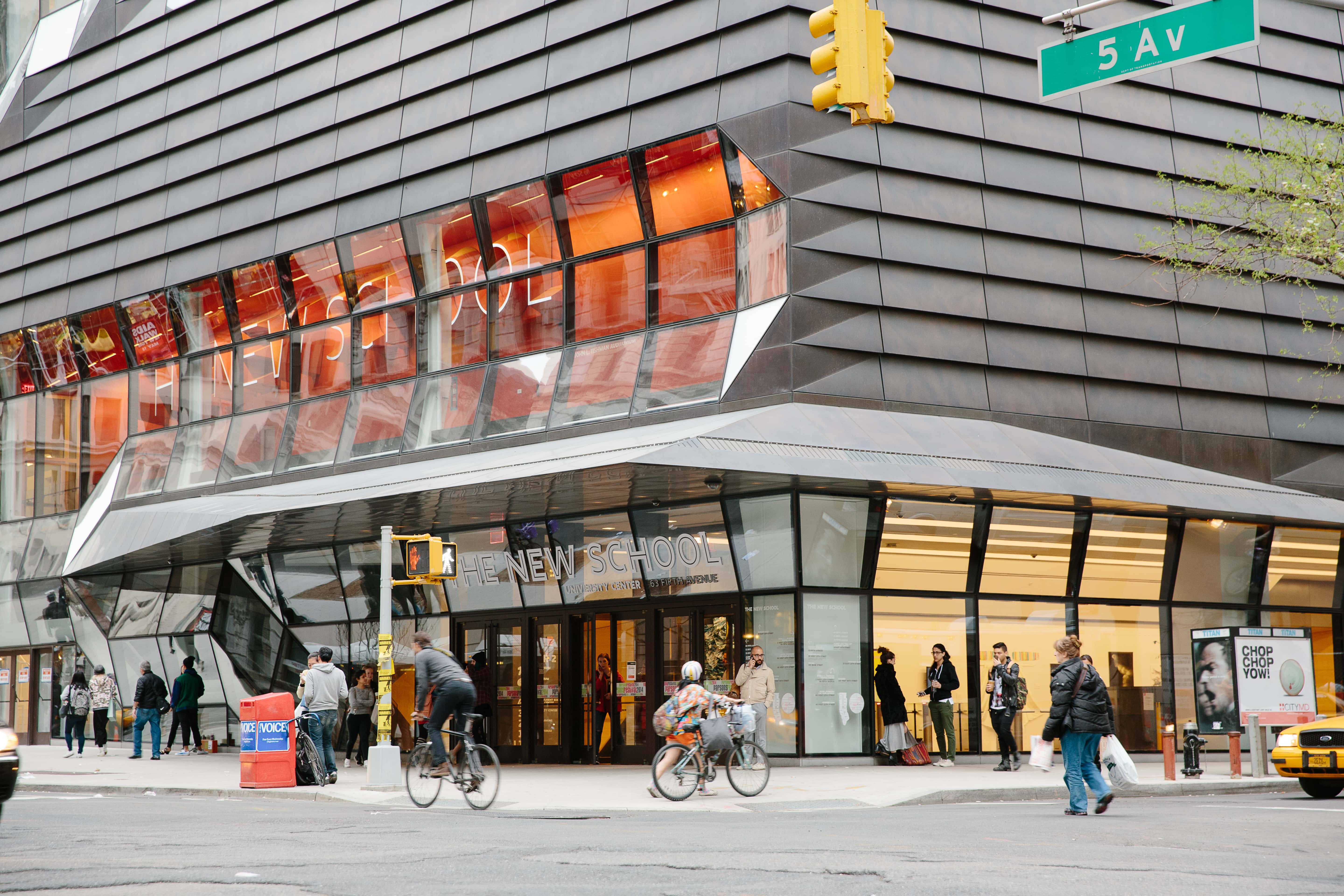 The New School, glass facade, warm interior lights, 5K Desktop Wallpaper