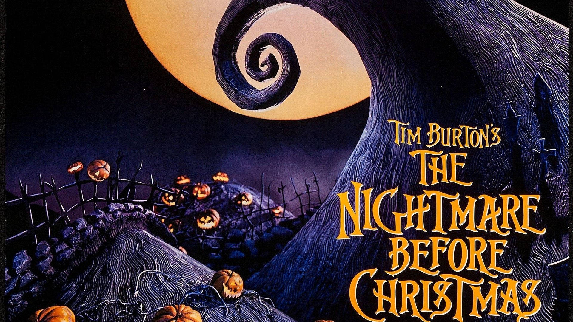 The Nightmare Before Christmas, jack-o-lanterns, glowing orange moon, Full HD Desktop Wallpaper