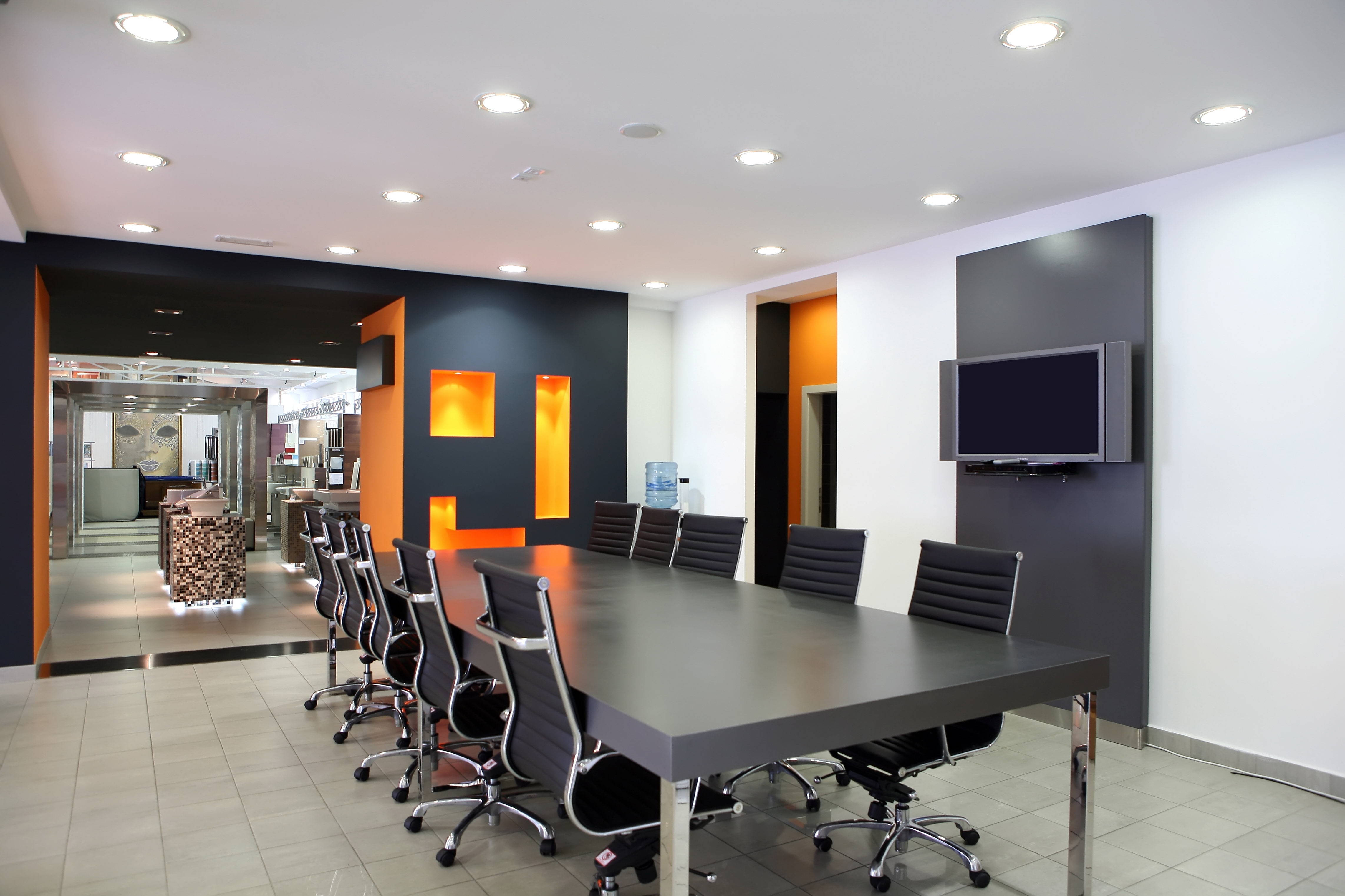 The Office, conference room, sleek black table chairs, 4K Desktop Wallpaper