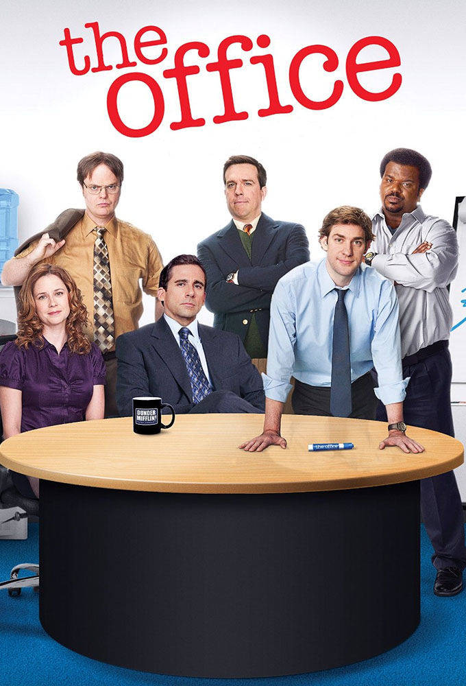 The Office, round wooden desk, six office workers, SD Phone Wallpaper