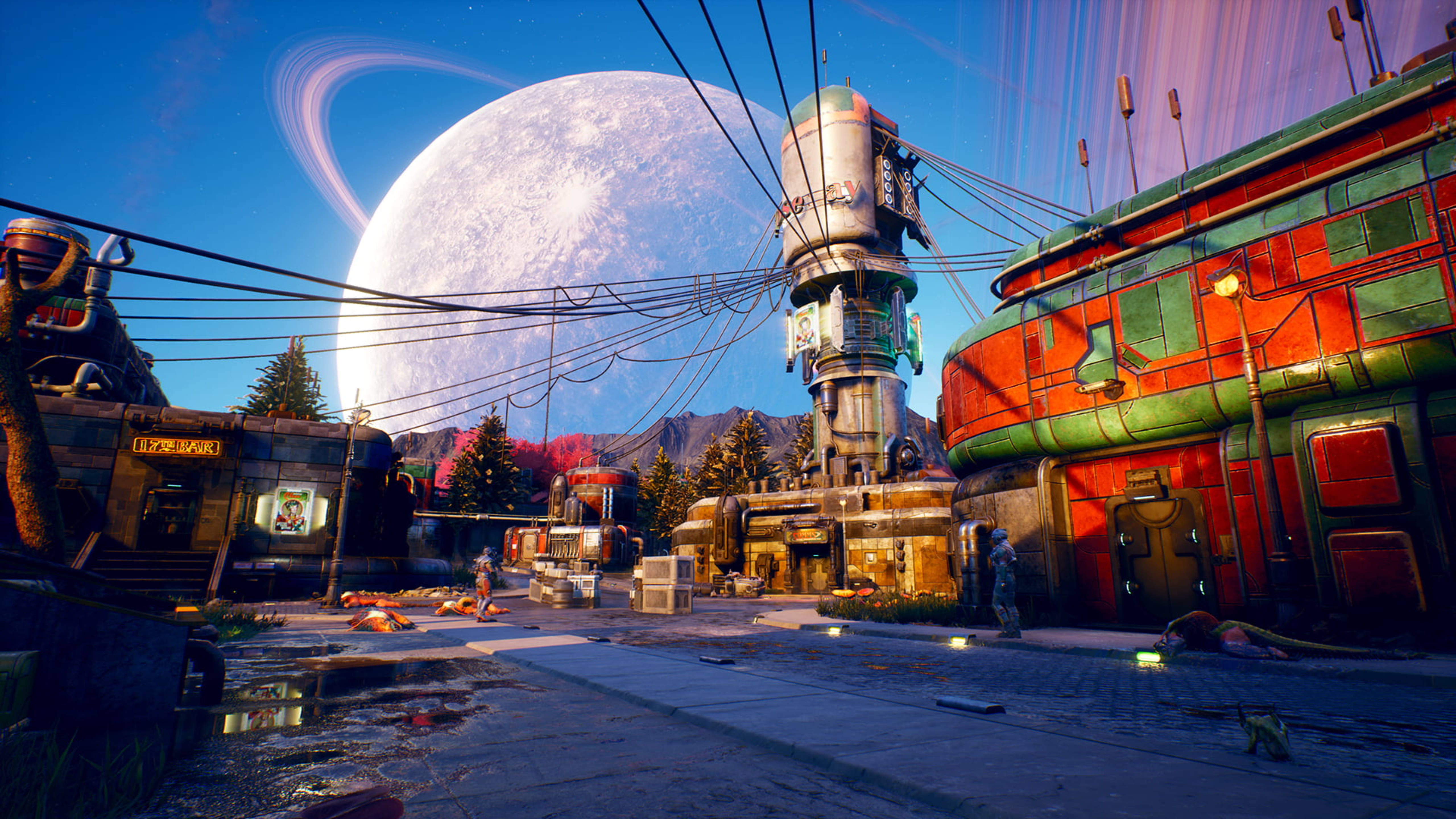 Outer Worlds, sci-fi town, colorful retro-futuristic buildings, 5K Desktop Wallpaper