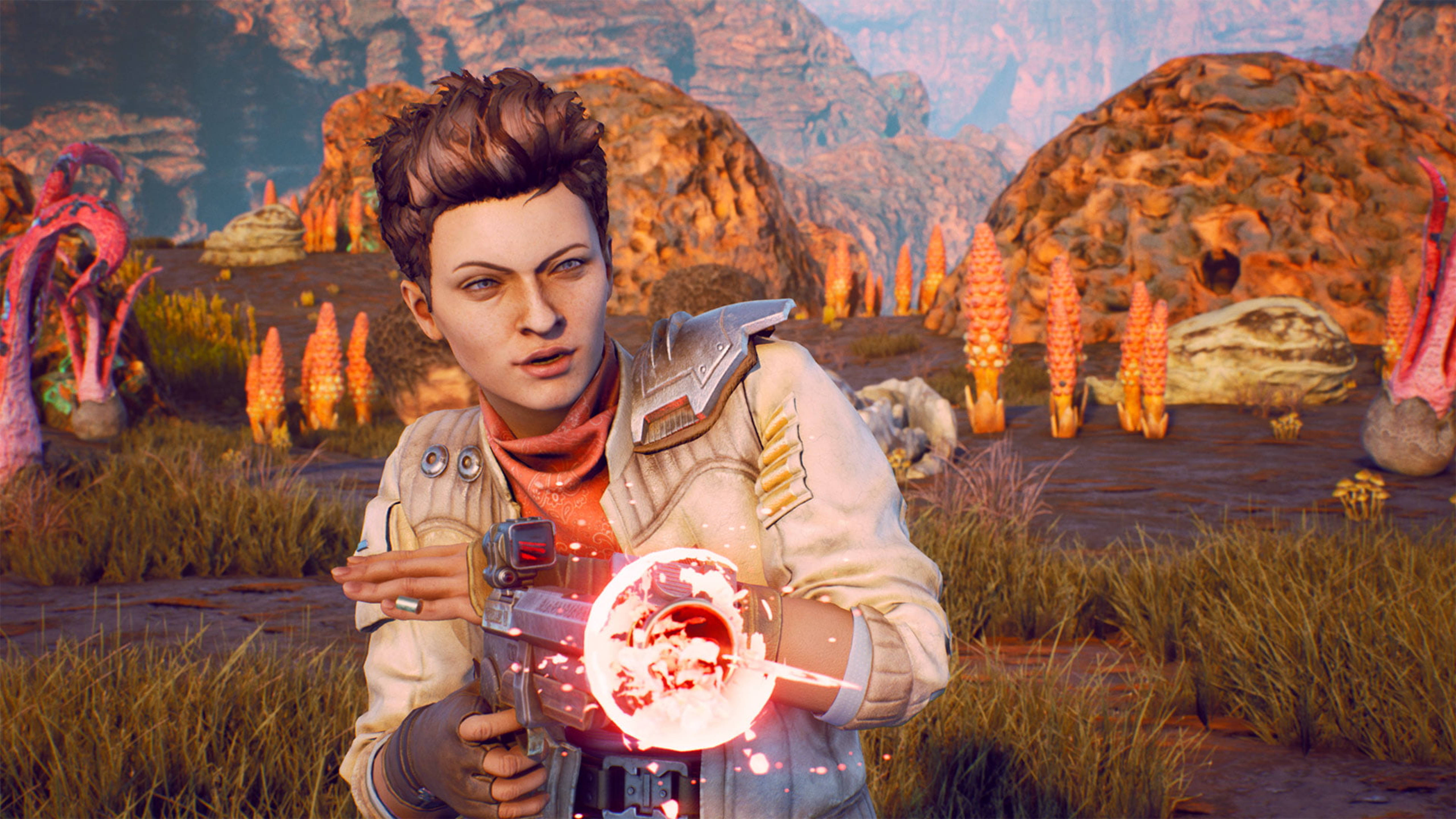 The Outer Worlds, beige jacket, glowing energy weapon, 5K Desktop Wallpaper