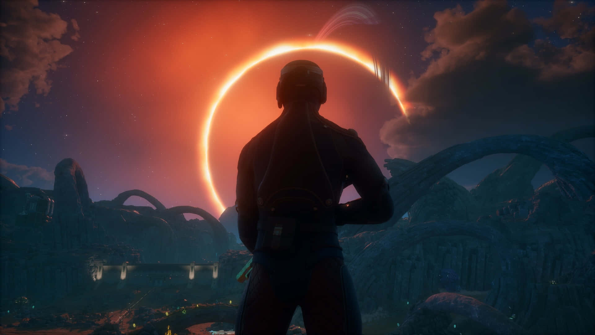 The Outer Worlds 2, eclipse scene, glowing orange ringed planet, Full HD Desktop Wallpaper