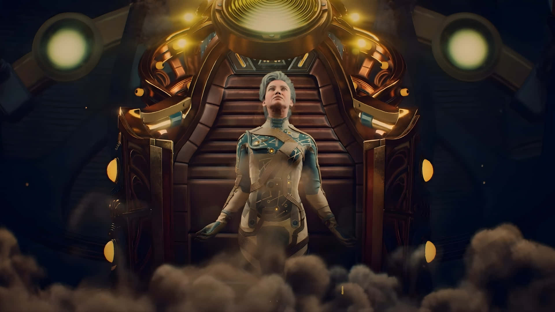The Outer Worlds 2, biomechanical suit, glowing golden staircase, Full HD Desktop Wallpaper