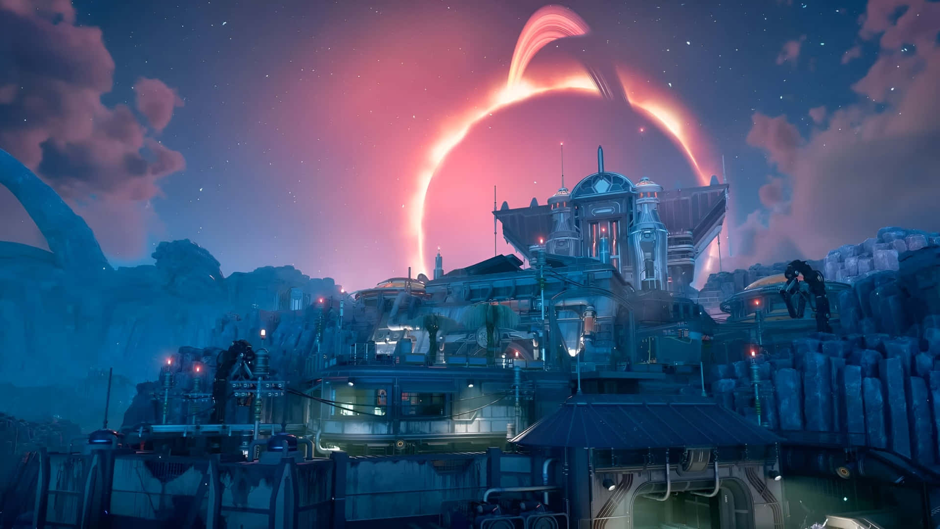 The Outer Worlds 2, alien settlement, glowing pink ringed planet, Full HD Desktop Wallpaper