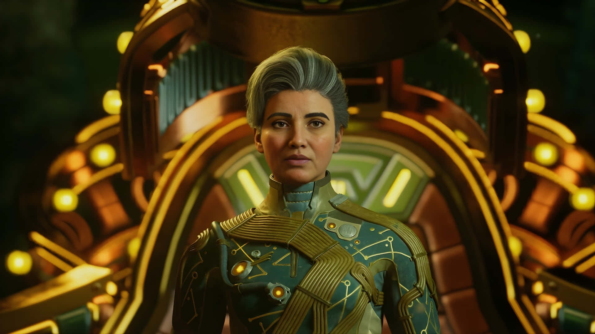 The Outer Worlds 2, woman with short gray hair, teal and gold armored suit, Full HD Desktop Wallpaper