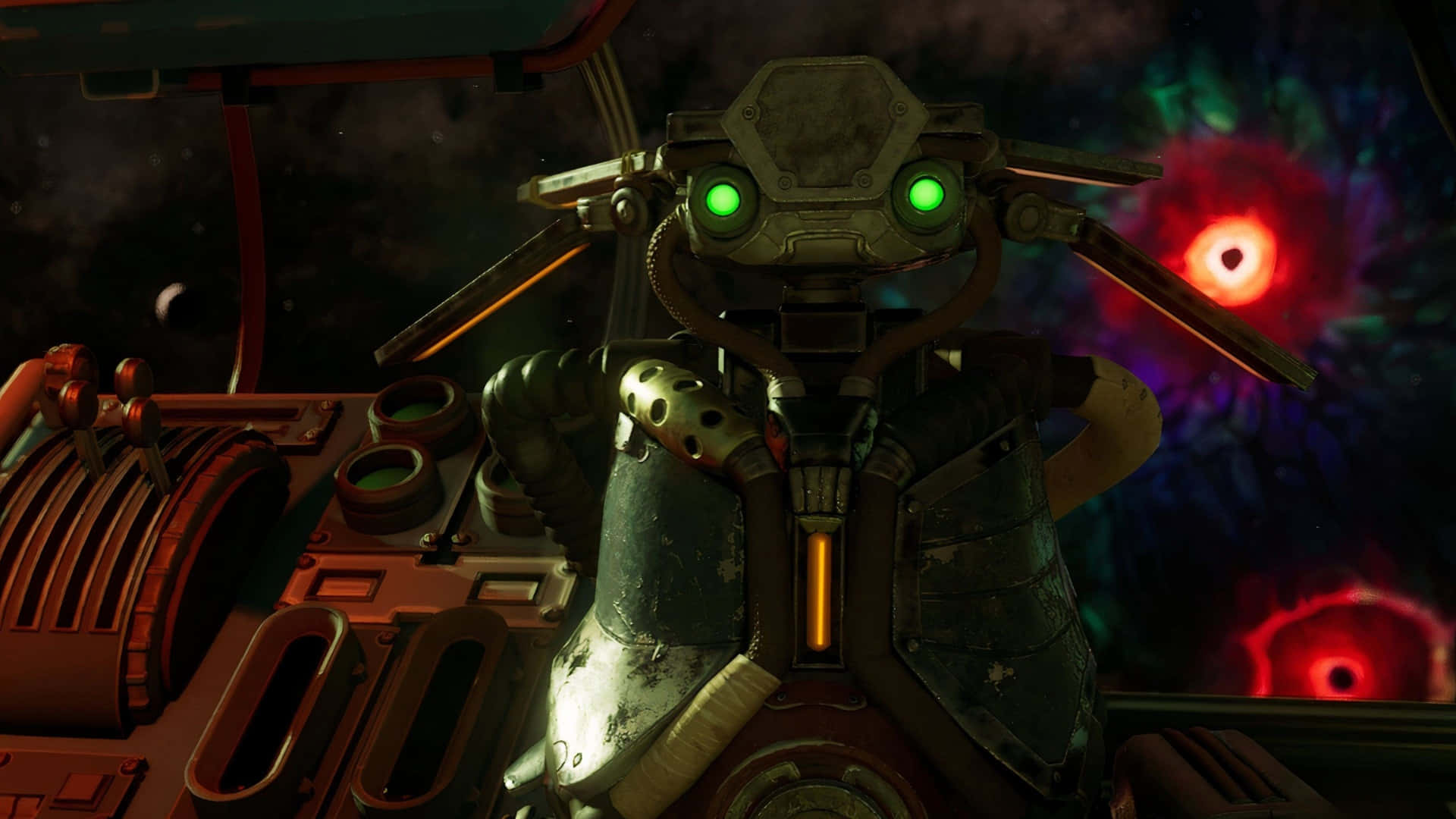 The Outer Worlds 2, robot companion, glowing green eyes, Full HD Desktop Wallpaper