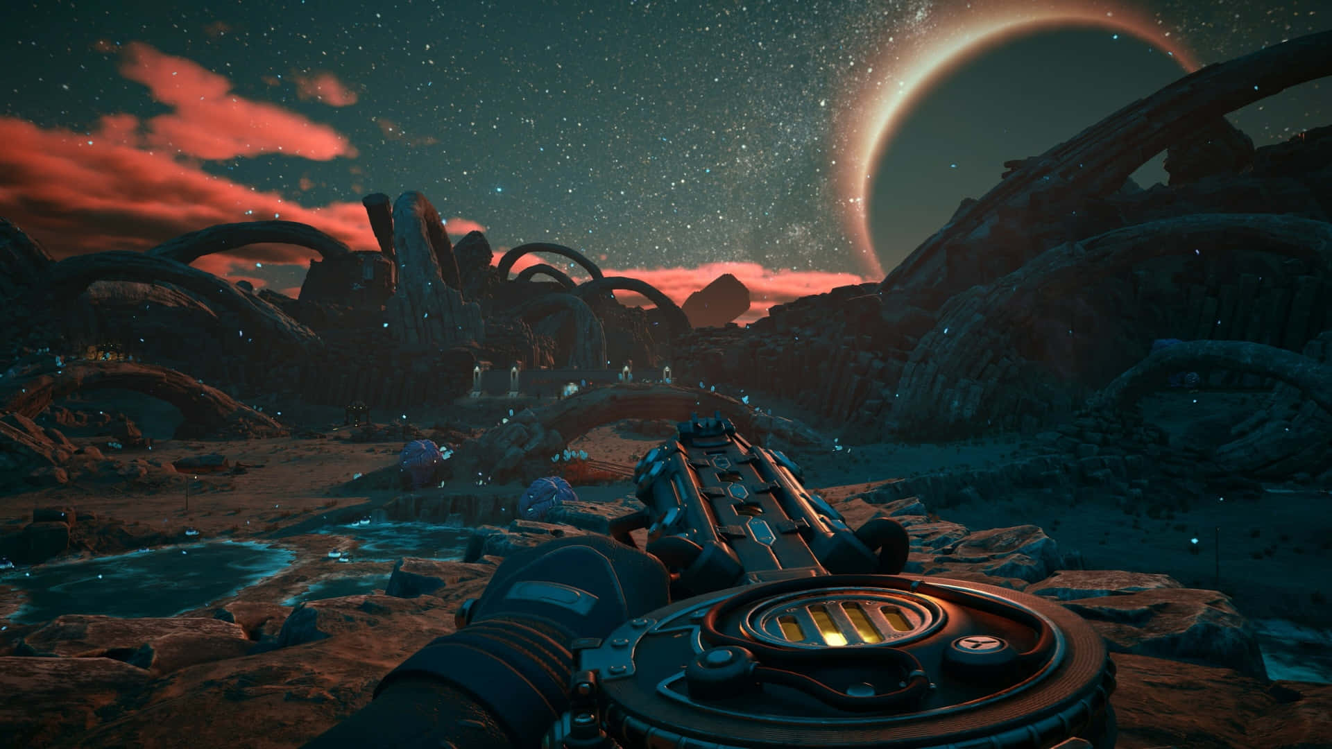 The Outer Worlds 2, futuristic weapon, rocky alien landscape, Full HD Desktop Wallpaper