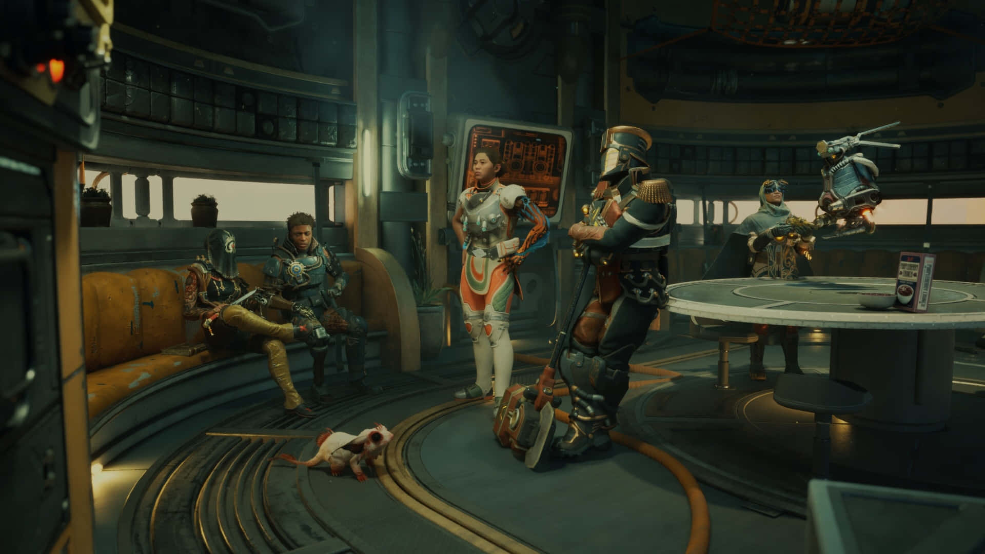 The Outer Worlds 2, spaceship lounge, armored crew members, Full HD Desktop Wallpaper