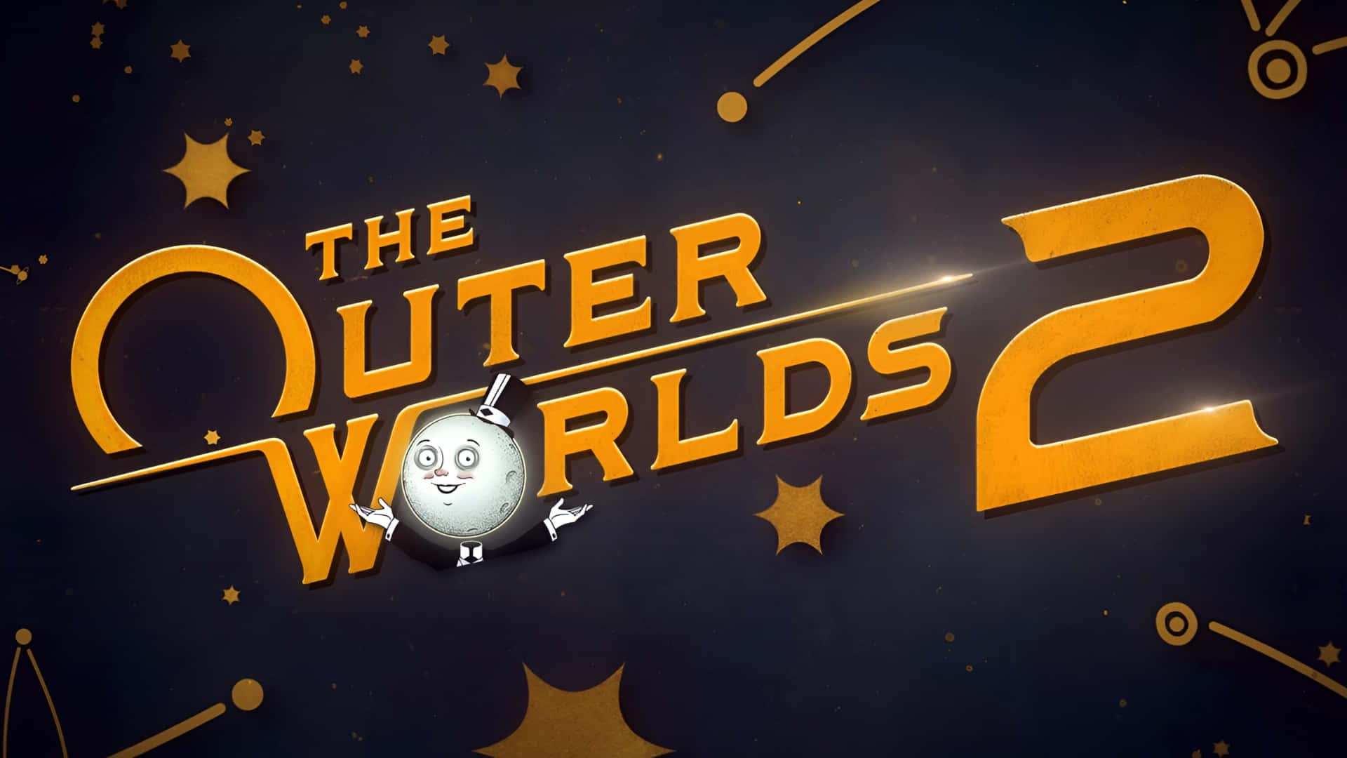 The Outer Worlds 2, golden 3D text, dark starry background, Full HD Desktop Wallpaper