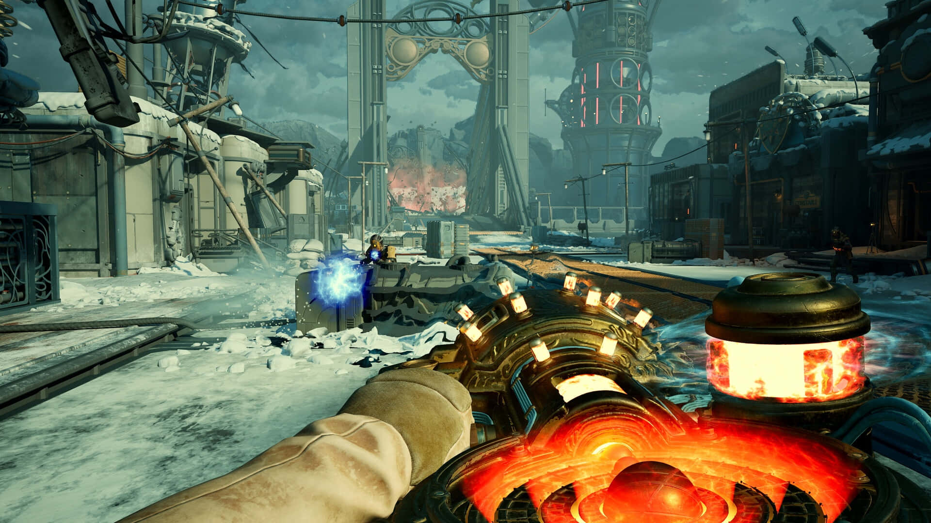The Outer Worlds 2, glowing orange weapon, snow-covered futuristic city, Full HD Desktop Wallpaper