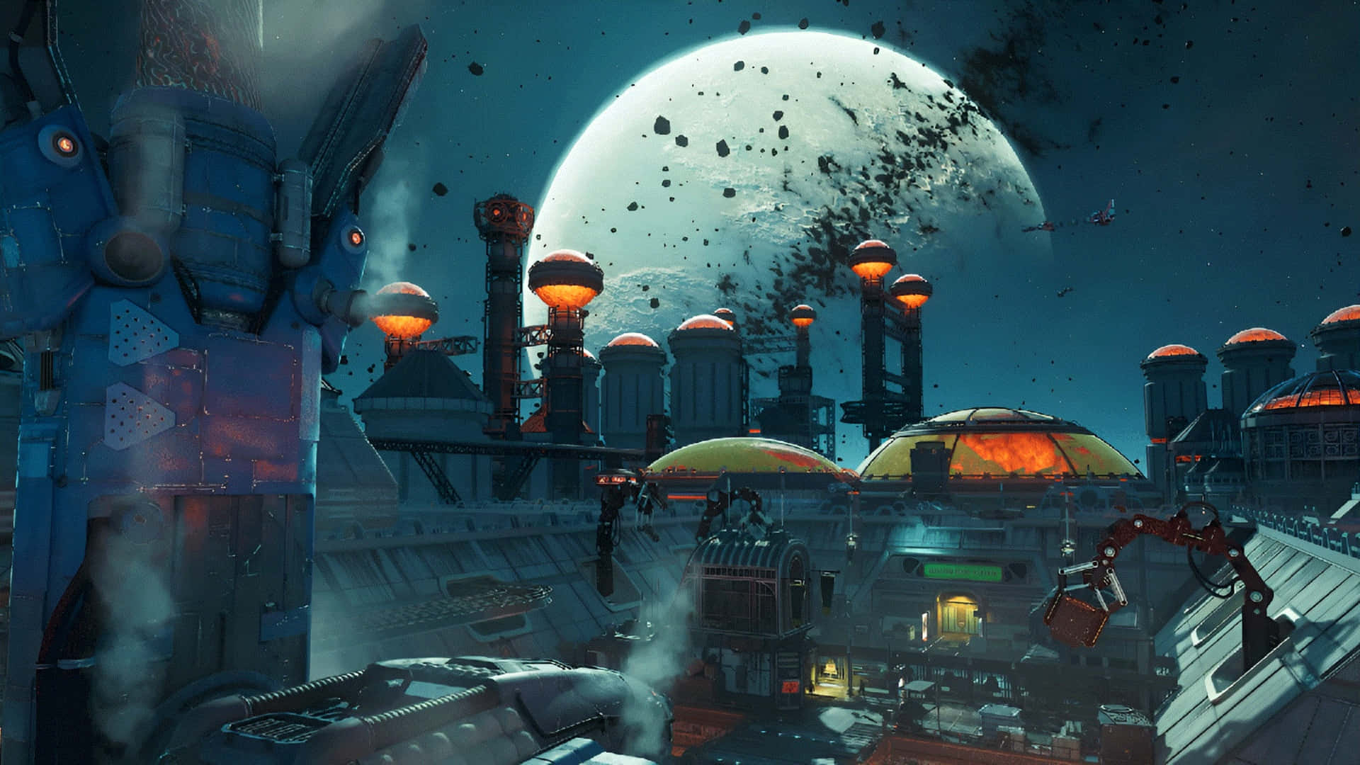 The Outer Worlds 2, futuristic industrial complex, massive moon, Full HD Desktop Wallpaper