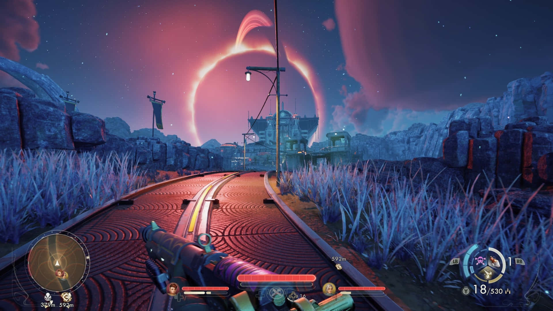 The Outer Worlds 2, glowing red track, massive pink ring, Full HD Desktop Wallpaper
