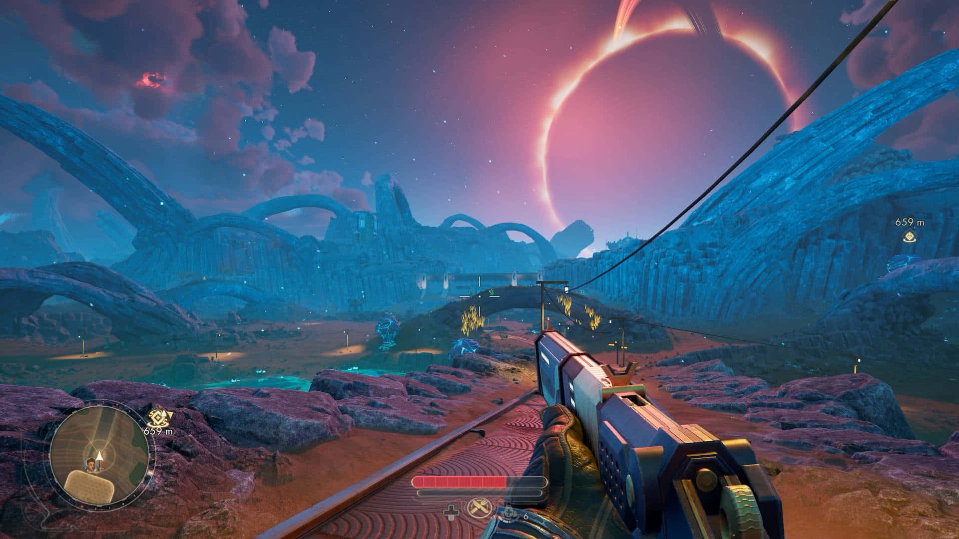 The Outer Worlds 2, futuristic weapon, glowing alien canyon, Full HD Desktop Wallpaper