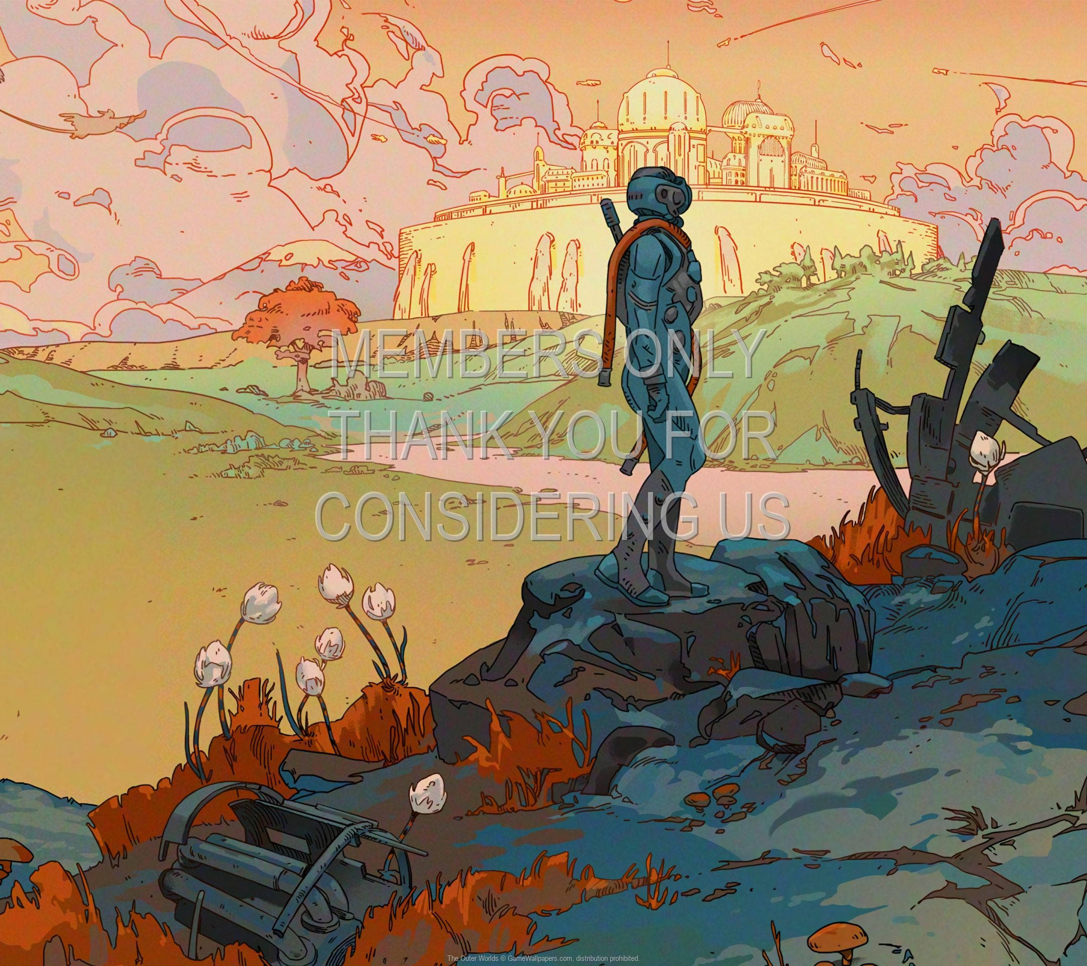 The Outer Worlds, armored figure, rocky outcrop, Full HD Desktop Wallpaper