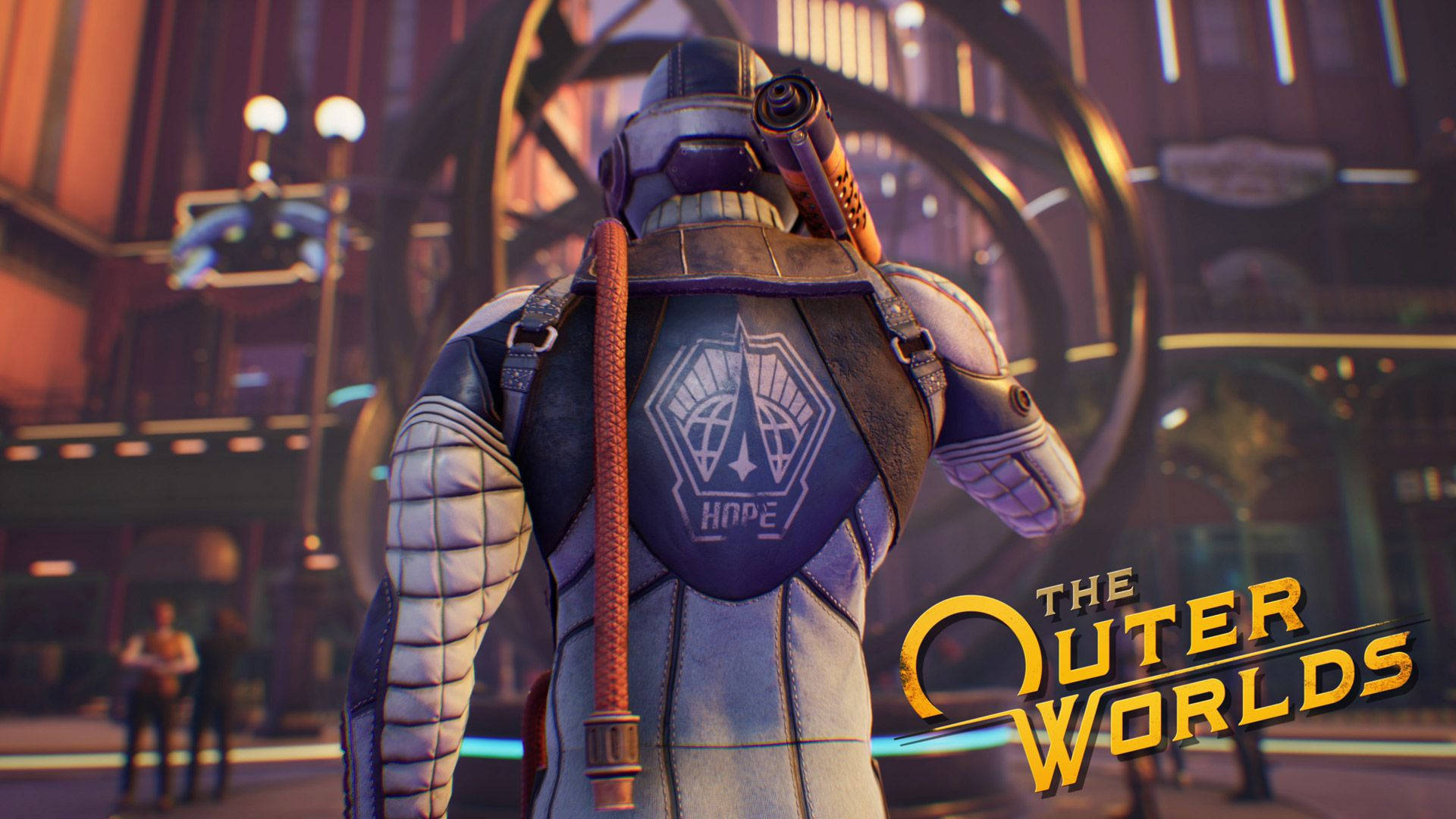 The Outer Worlds, neon-lit sci-fi cityscape, glowing signs, Full HD Desktop Wallpaper