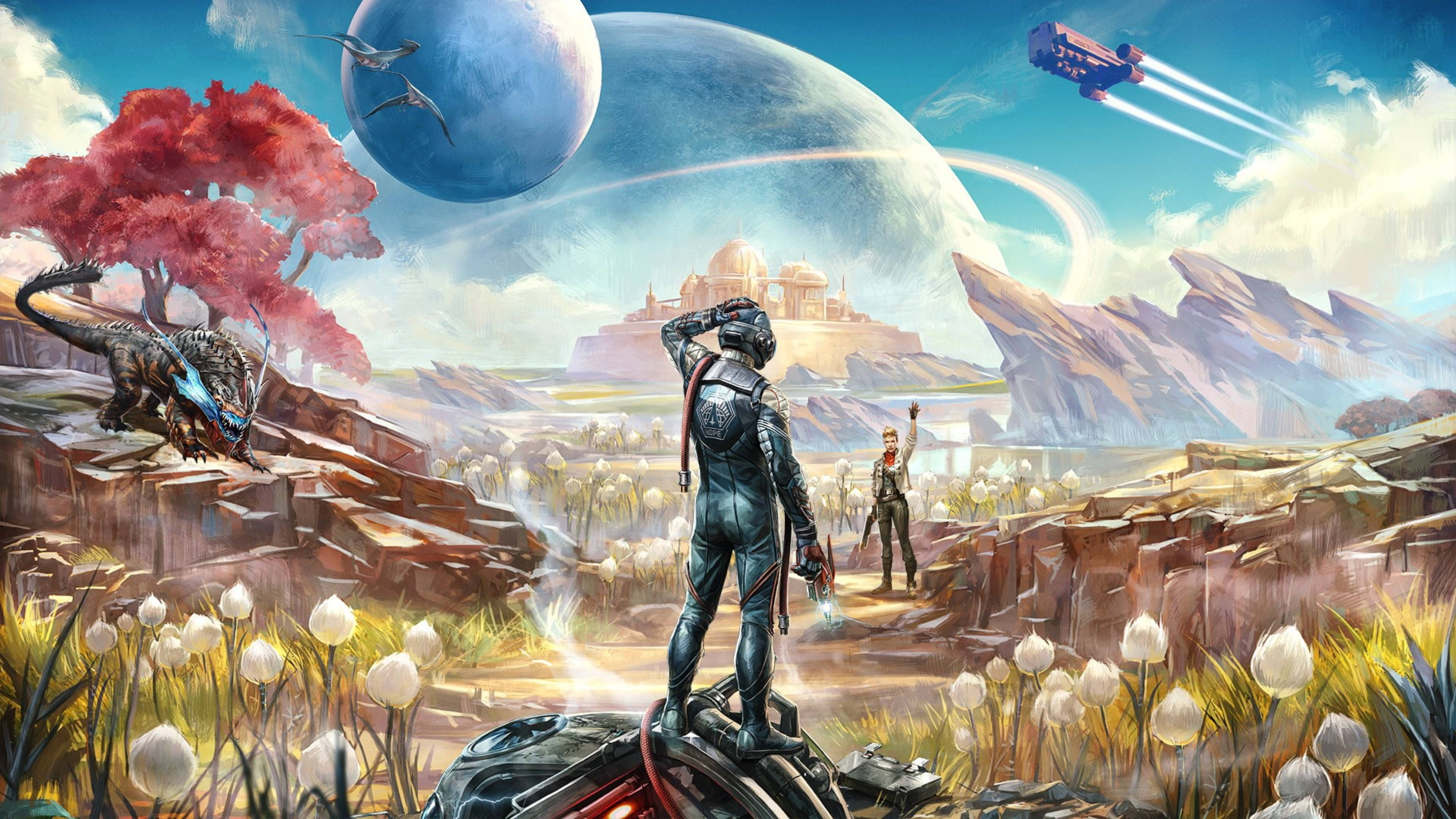 Outer Worlds, futuristic armor, rocky alien planet, 5K Desktop Wallpaper