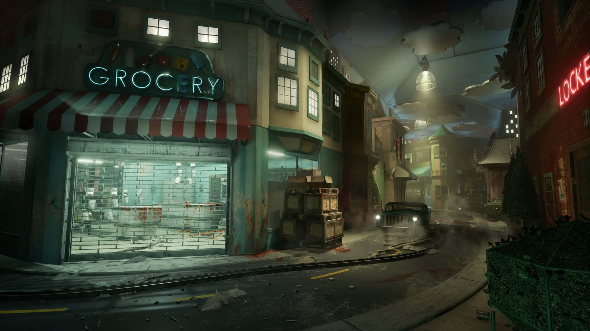 Outlast Trials, neon-lit grocery store, red and white striped awning, Full HD Desktop Wallpaper