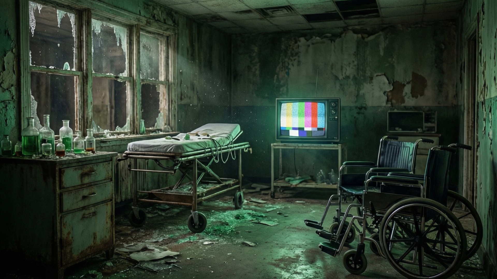Ruined Lab Static, hospital room, broken windows, Full HD Desktop Wallpaper