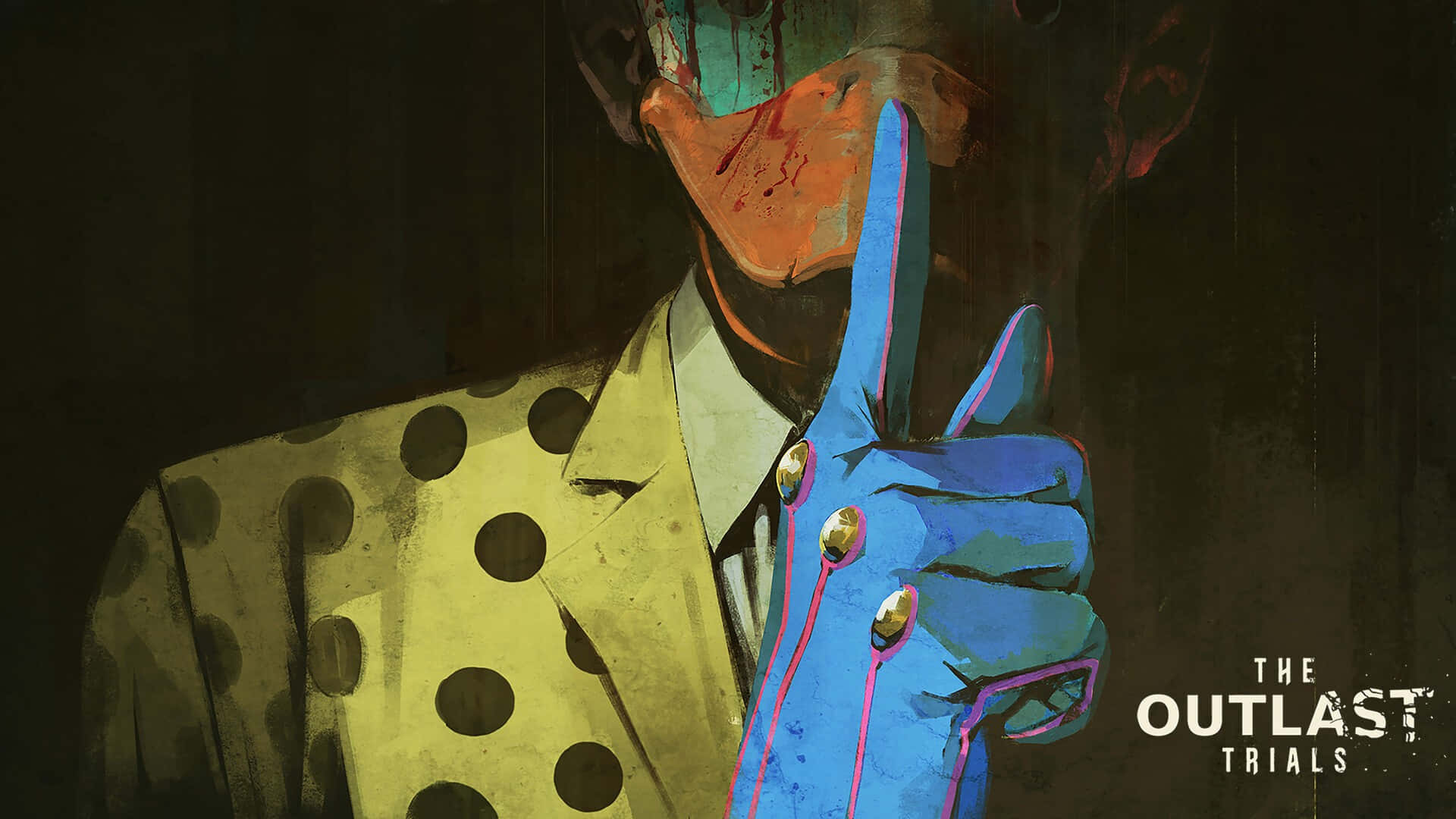 The Outlast Trials, yellow polka dot suit, blue gloved finger, Full HD Desktop Wallpaper