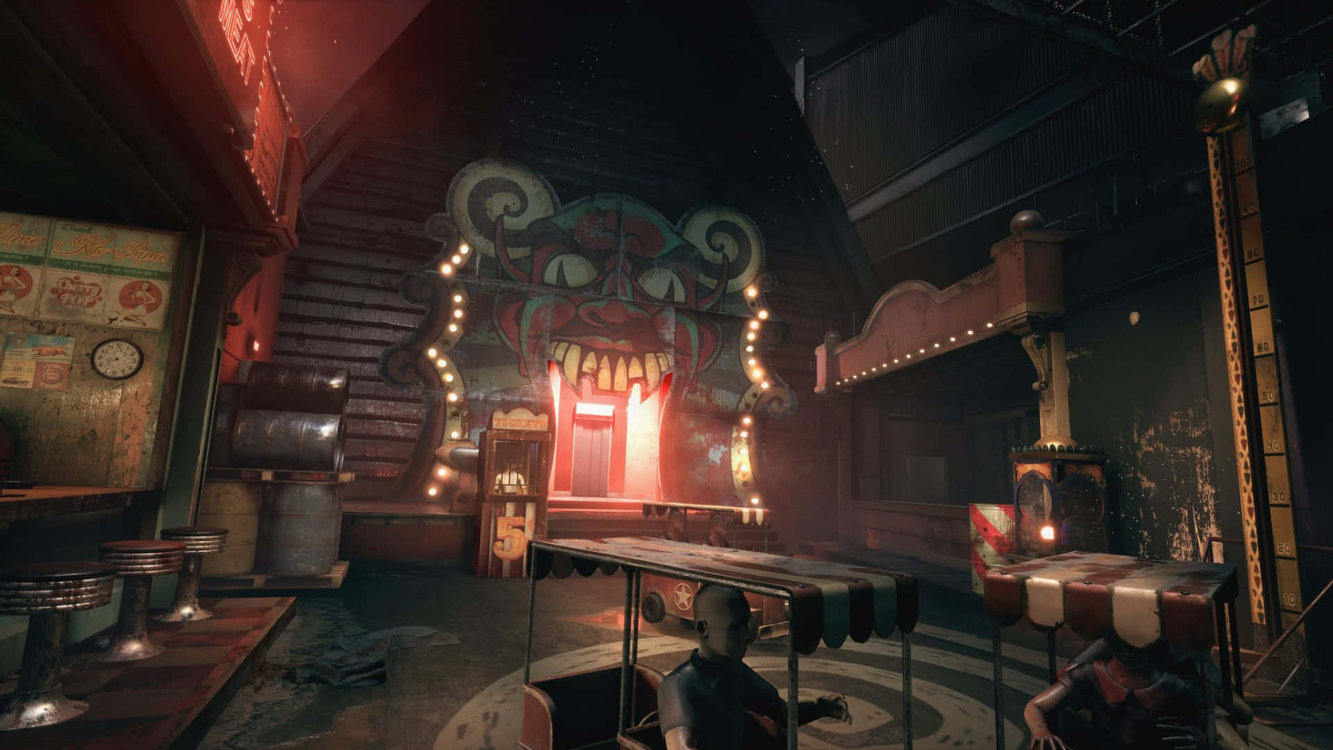 Outlast Trials, creepy carnival setting, retro arcade, Full HD Desktop Wallpaper