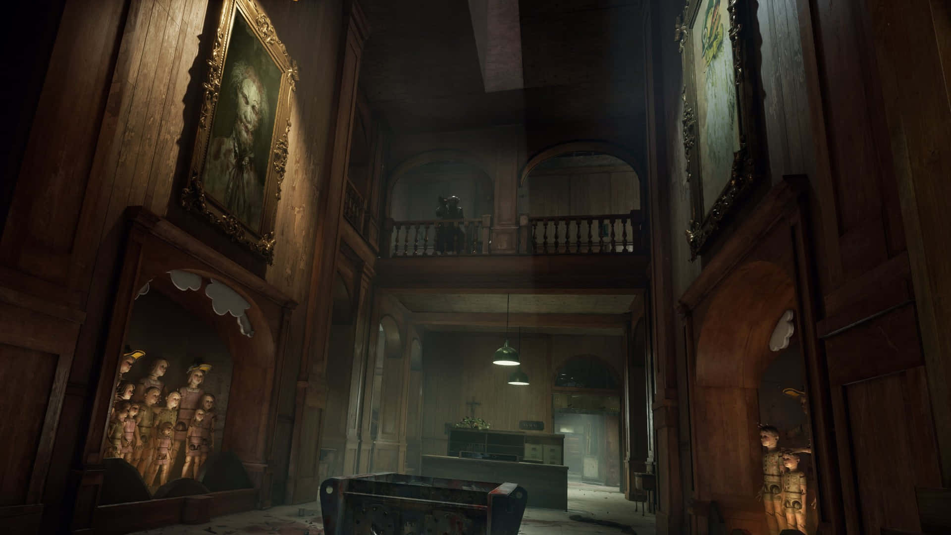 Outlast Trials, creepy asylum interior, dimly lit grand wooden hallway, Full HD Desktop Wallpaper