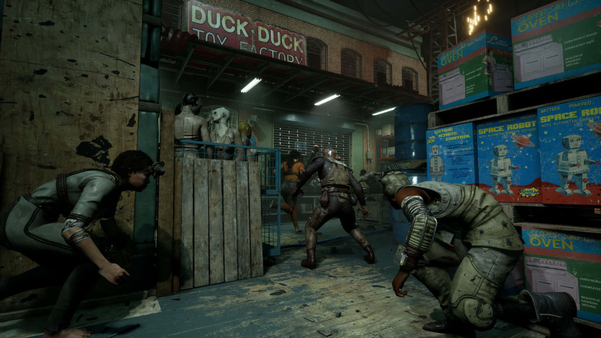 Outlast Trials, stealth gameplay, dimly lit toy factory, Full HD Desktop Wallpaper