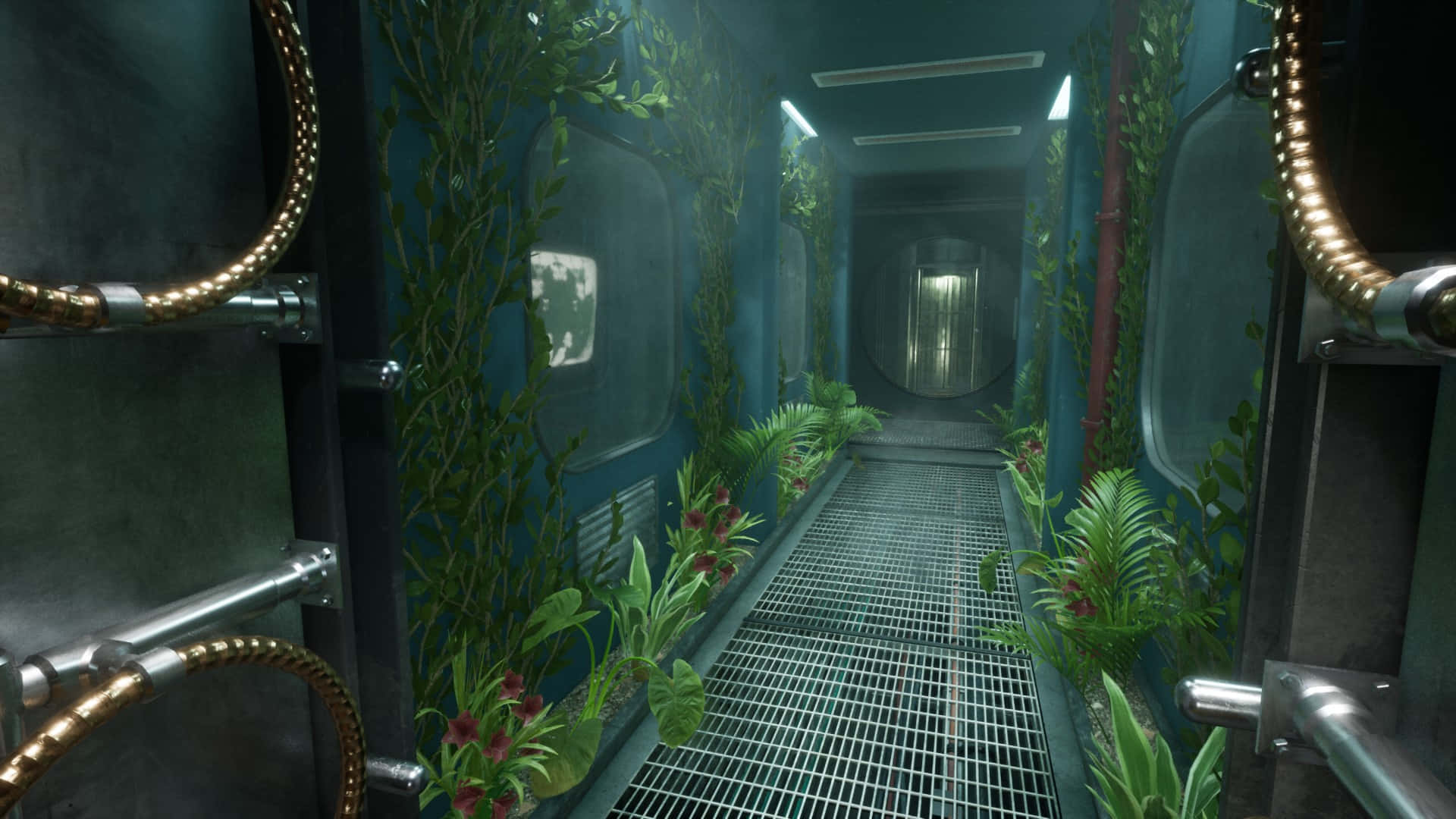 Outlast Trials, creepy laboratory corridor, teal walls, Full HD Desktop Wallpaper