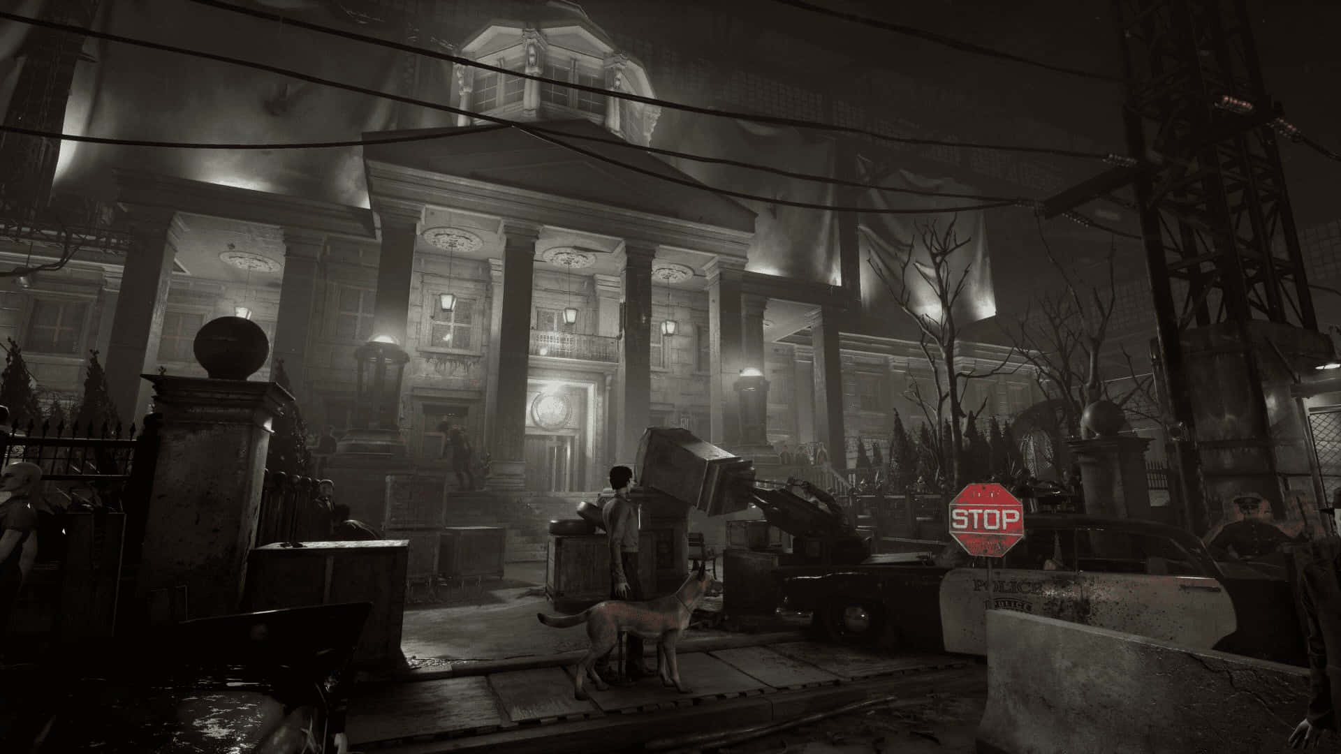 Outlast Trials, creepy asylum entrance, grand eerie mansion, Full HD Desktop Wallpaper