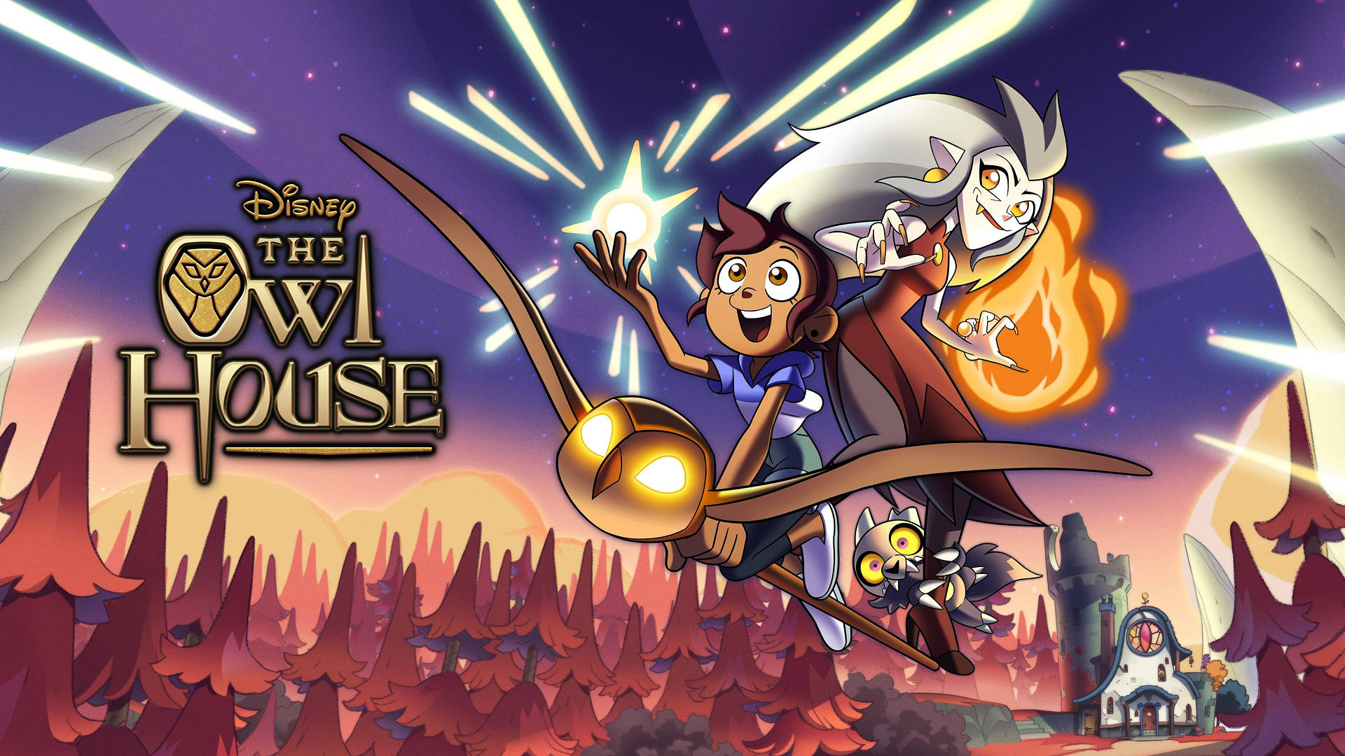 The Owl House, glowing broomstick, starry twilight sky, Full HD Desktop Wallpaper