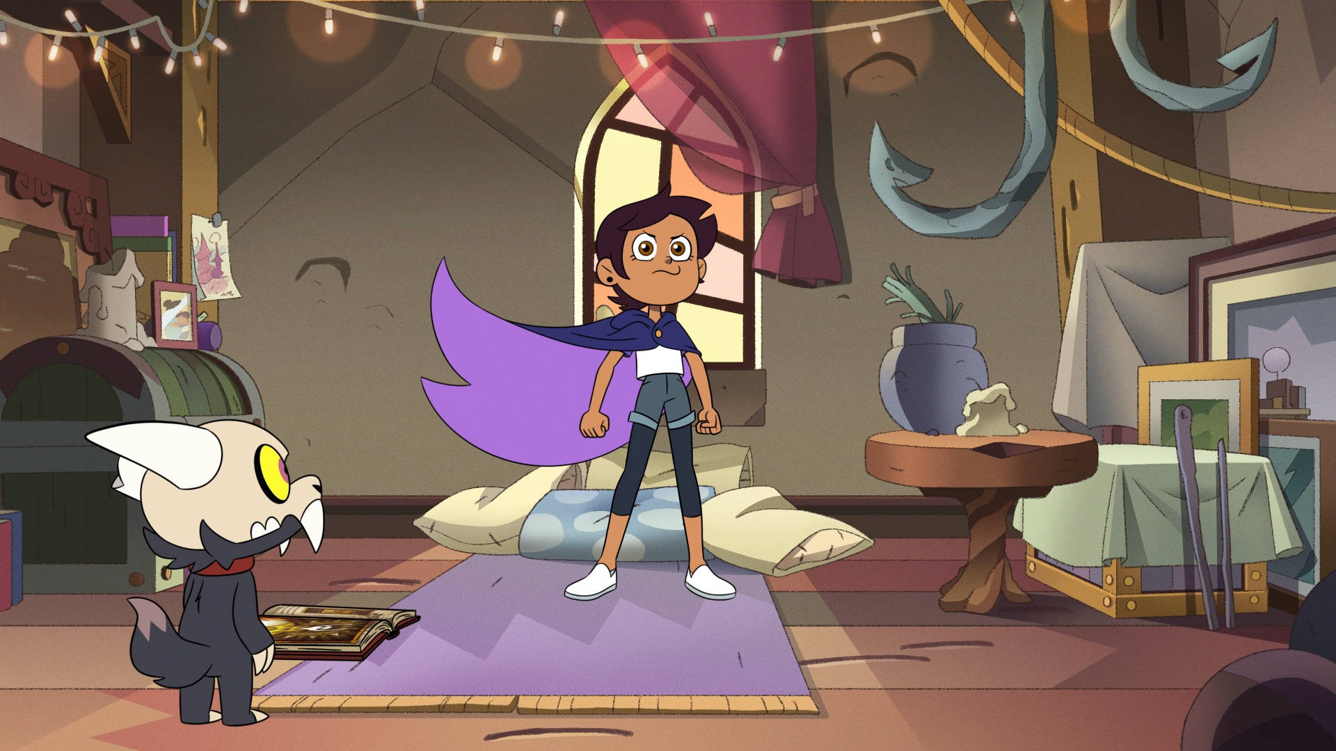 The Owl House, purple cape, cluttered attic room, Full HD Desktop Wallpaper