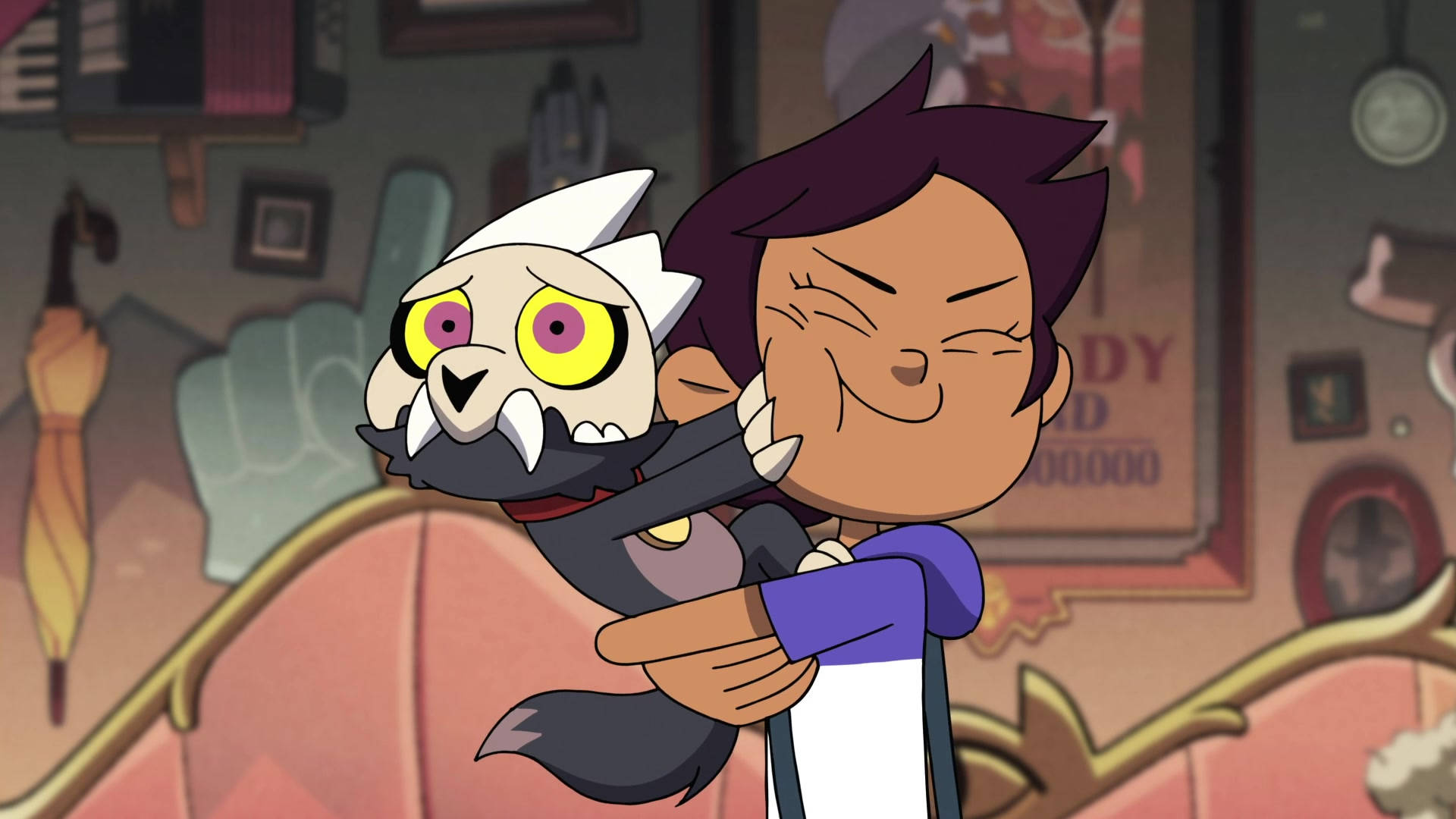 The Owl House, tight embrace, grumpy skull-faced creature, Full HD Desktop Wallpaper