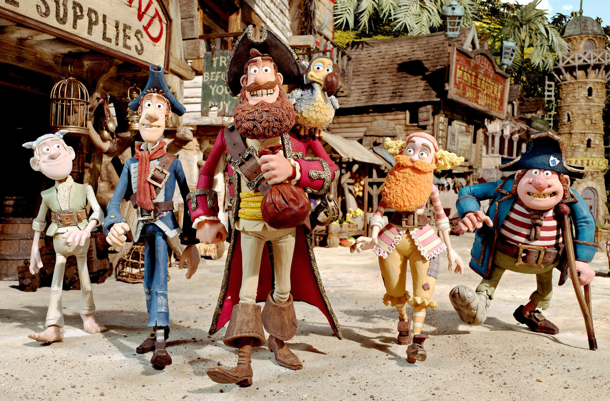Pirates Band Of Misfits, stop-motion pirate characters, rustic wooden port town, Full HD Desktop Wallpaper