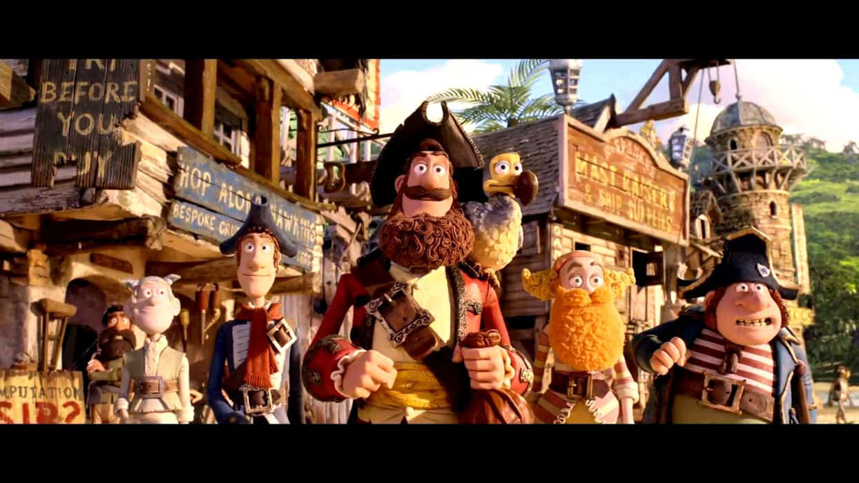 The Pirates Band Of Misfits, animated pirate characters, bustling wooden port town, SD Desktop Wallpaper