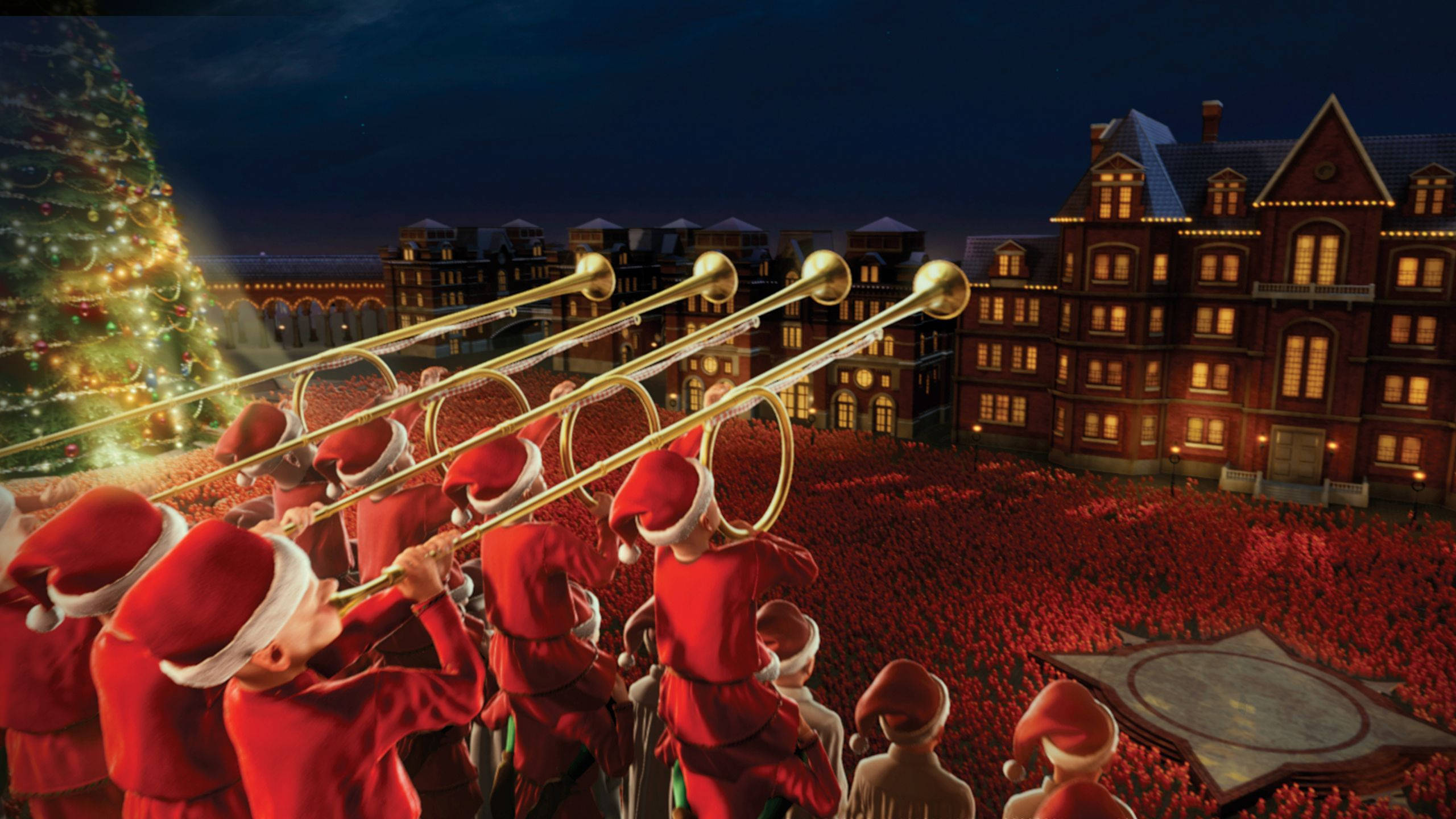The Polar Express, caroling scene, starry night sky, 2K Desktop Wallpaper