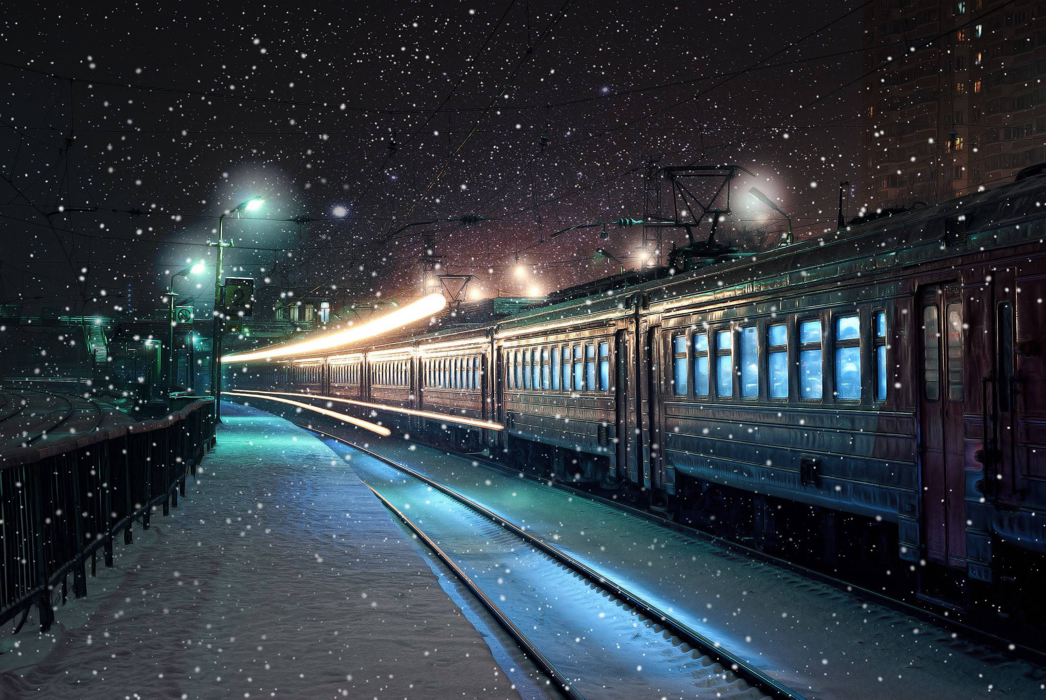The Polar Express, snow-covered train station, night, Full HD Desktop Wallpaper