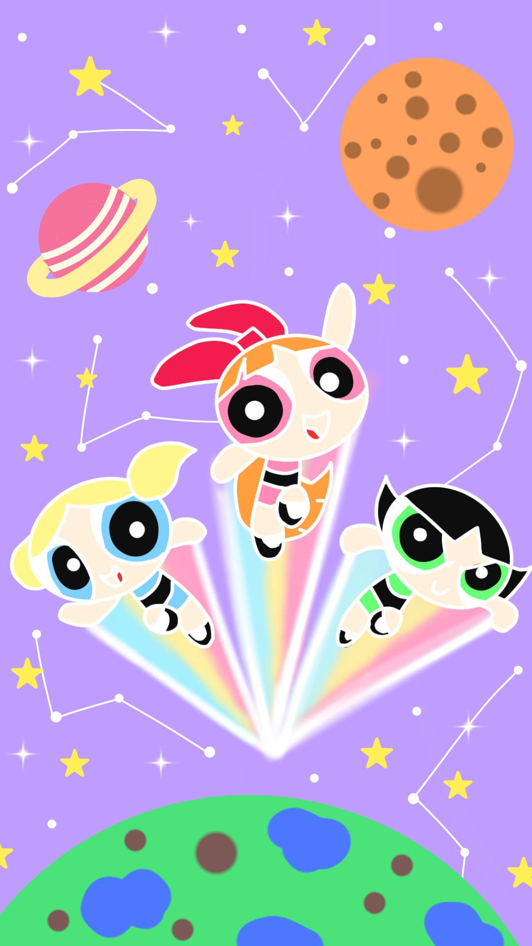 The Powerpuff Girls, outer space, purple starry sky, Full HD Phone Wallpaper
