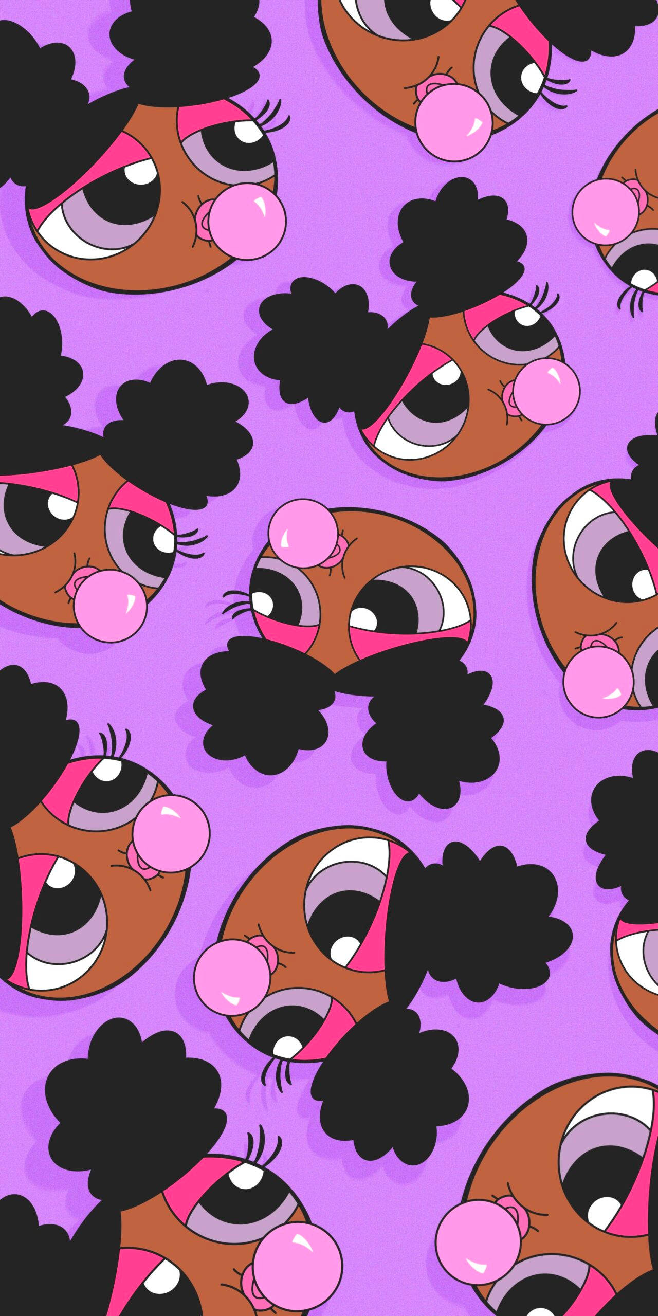 The Powerpuff Girls, pink bubble gum cheeks, vibrant purple background, 2K Phone Wallpaper