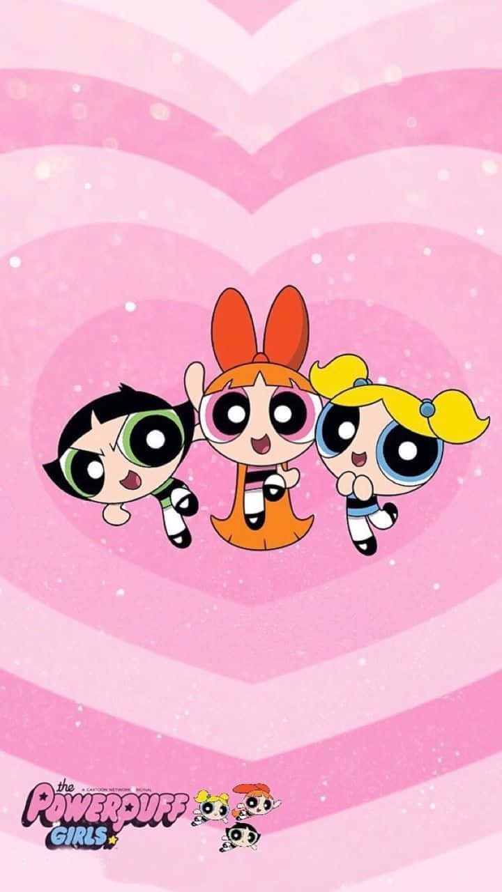 The Powerpuff Girls, pink heart-patterned background, large eyes, HD Phone Wallpaper