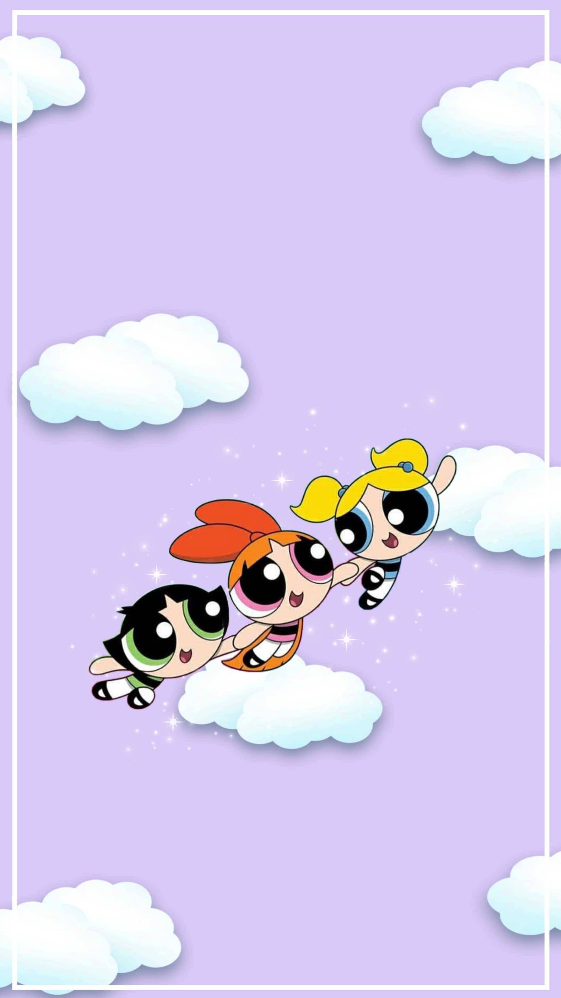Powerpuff Girls, lavender sky, fluffy white clouds, 2K Phone Wallpaper