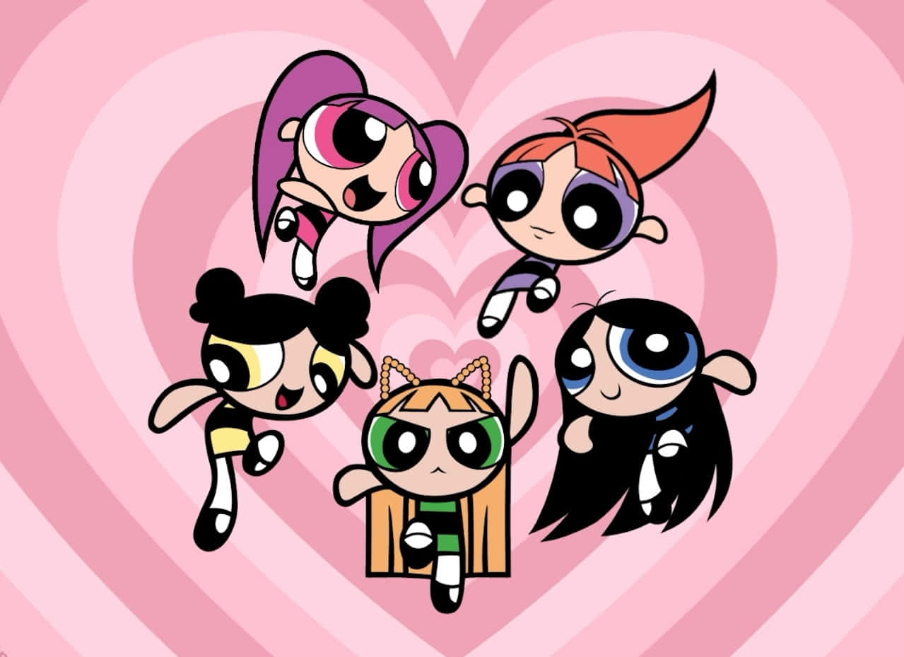 Powerpuff Girls, heart patterned background, pink, SD Desktop Wallpaper