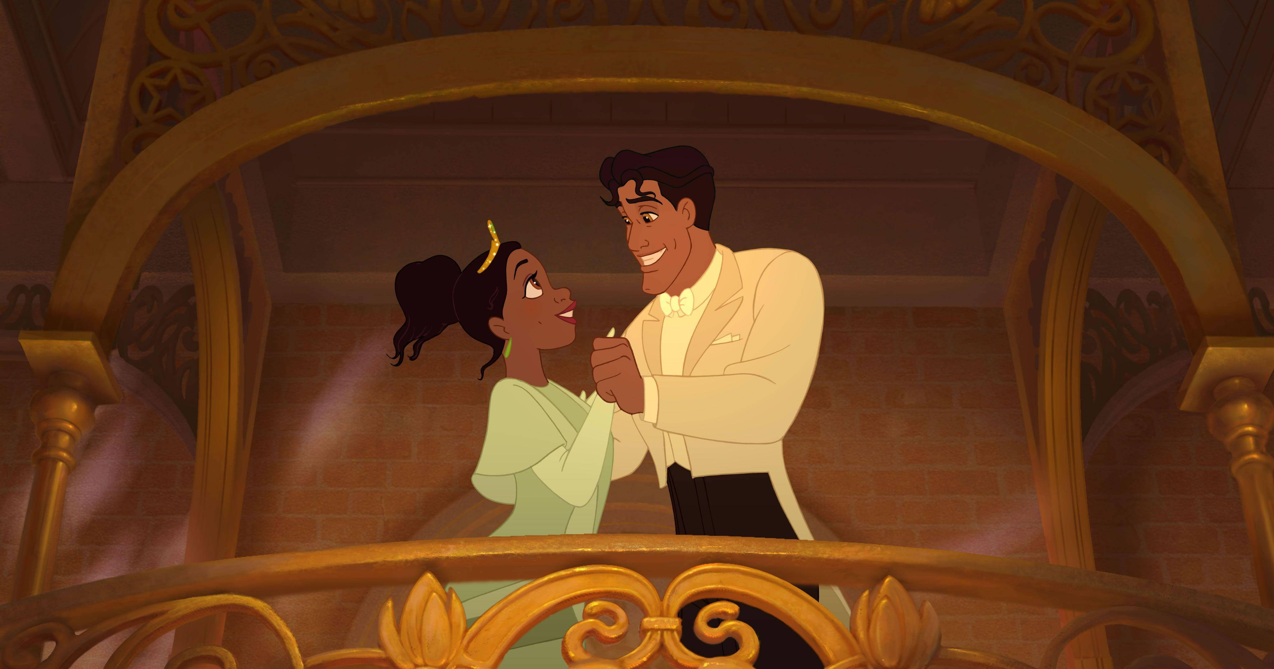 The Princess And The Frog, golden balcony, romantic animated couple, 4K Desktop Wallpaper