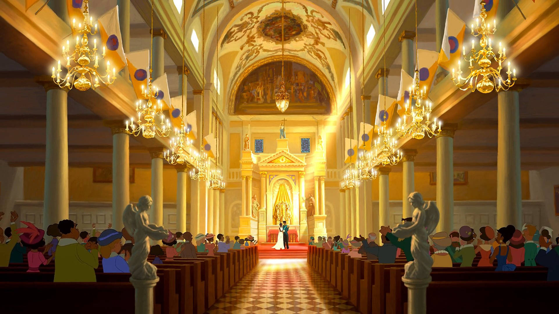 The Princess And The Frog, church wedding, golden chandeliers, Full HD Desktop Wallpaper