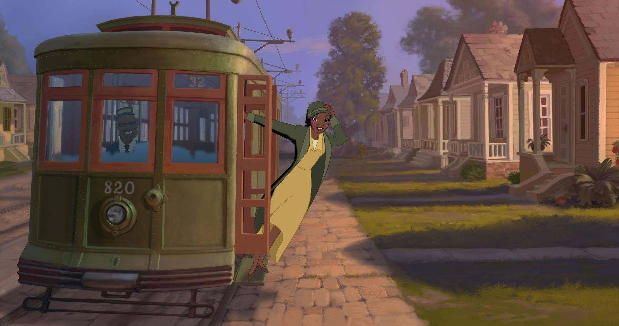 The Princess And The Frog, streetcar, vintage green, Full HD Desktop Wallpaper