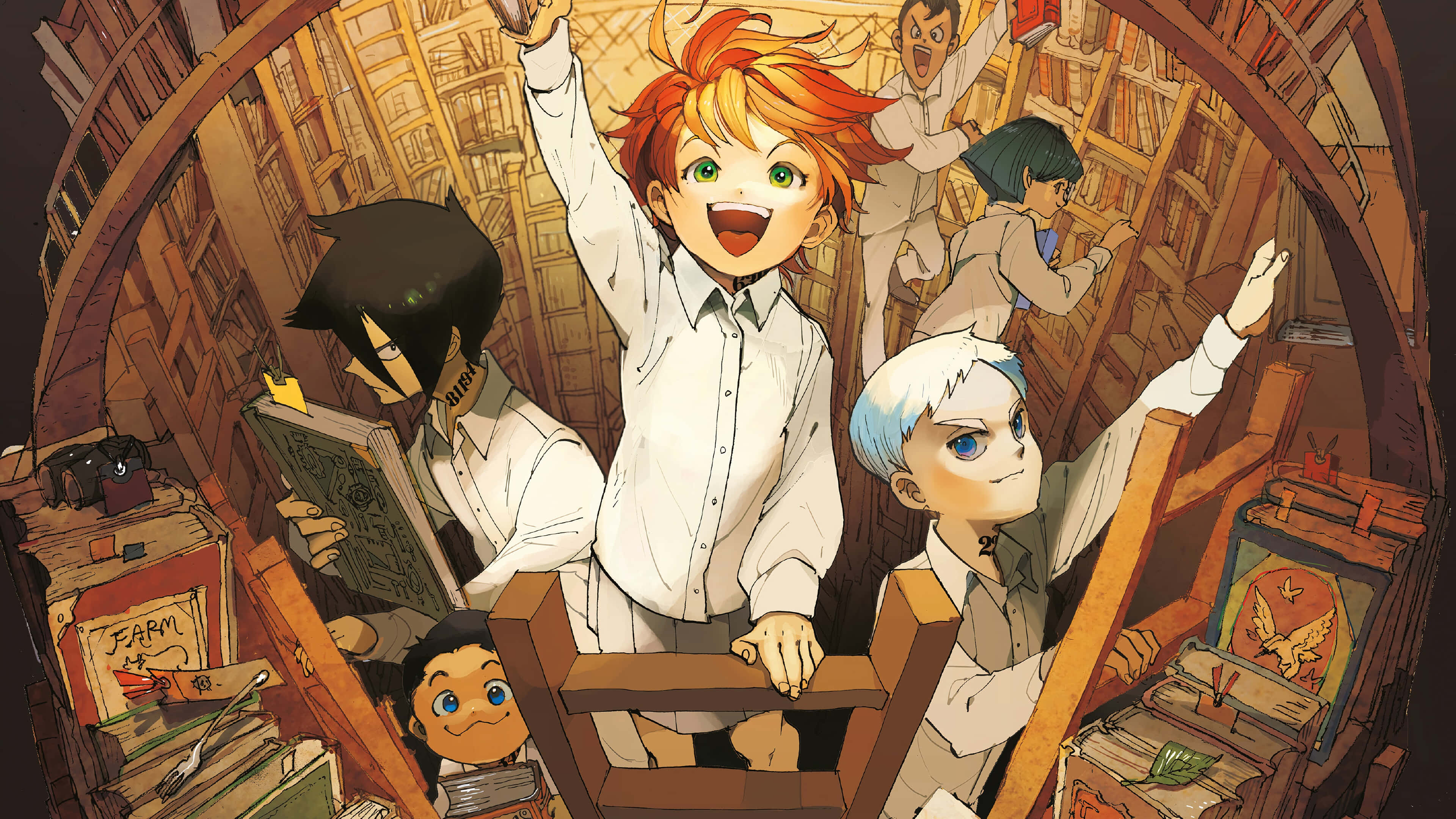 Emma, The Promised Neverland, towering wooden library, 4K Desktop Wallpaper