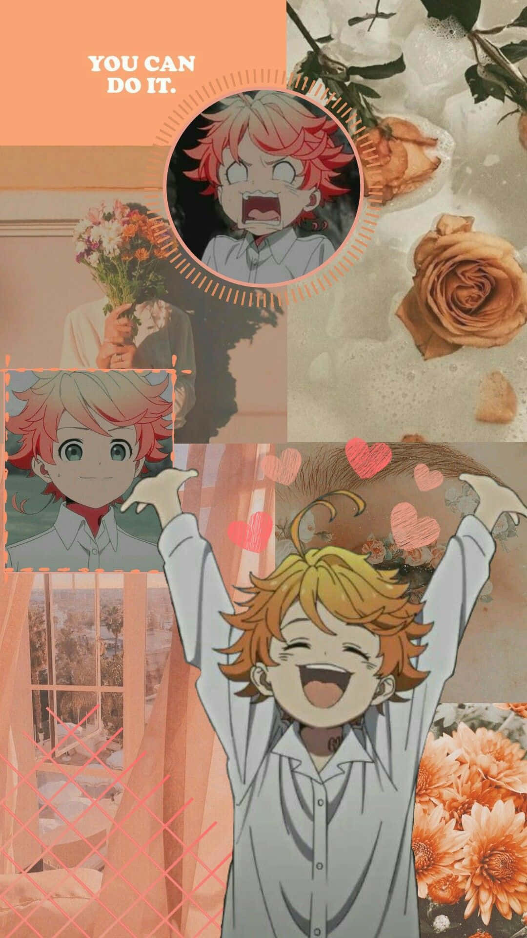 The Promised Neverland Emma, anime collage, flowers, Full HD Phone Wallpaper